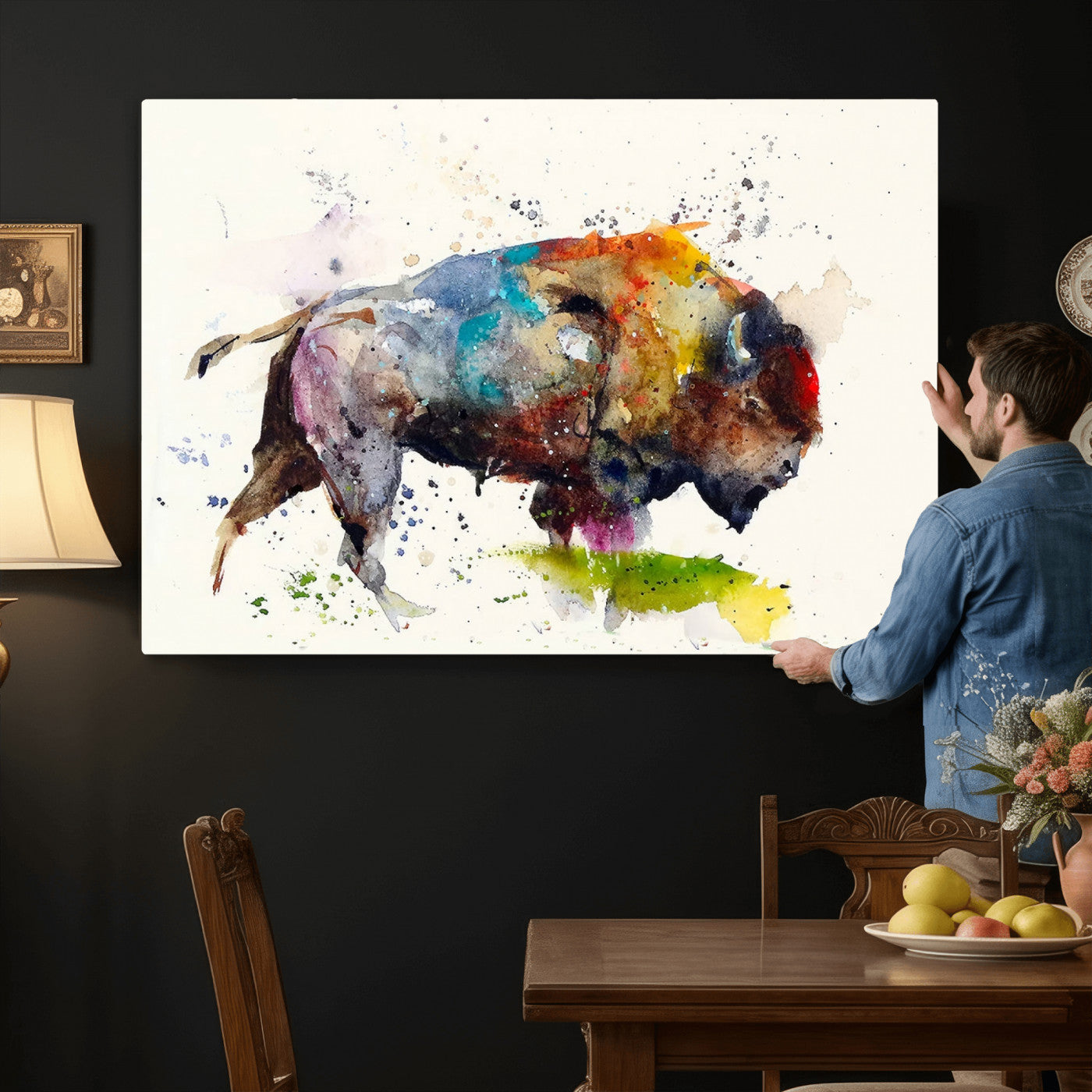 44504-MGV-CV-36X24 - Abstract Buffalo Wall Art, Western Watercolor Bison Canvas Print, Rustic Buffalo Art for Cowboy and