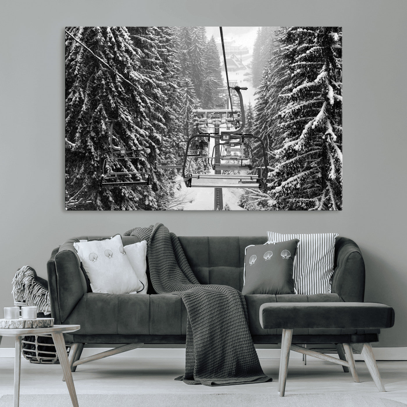 -Winter Ski Lift Black and White Canvas Wall Art – Alpine Escape in Minimalist Style – Winter Ski