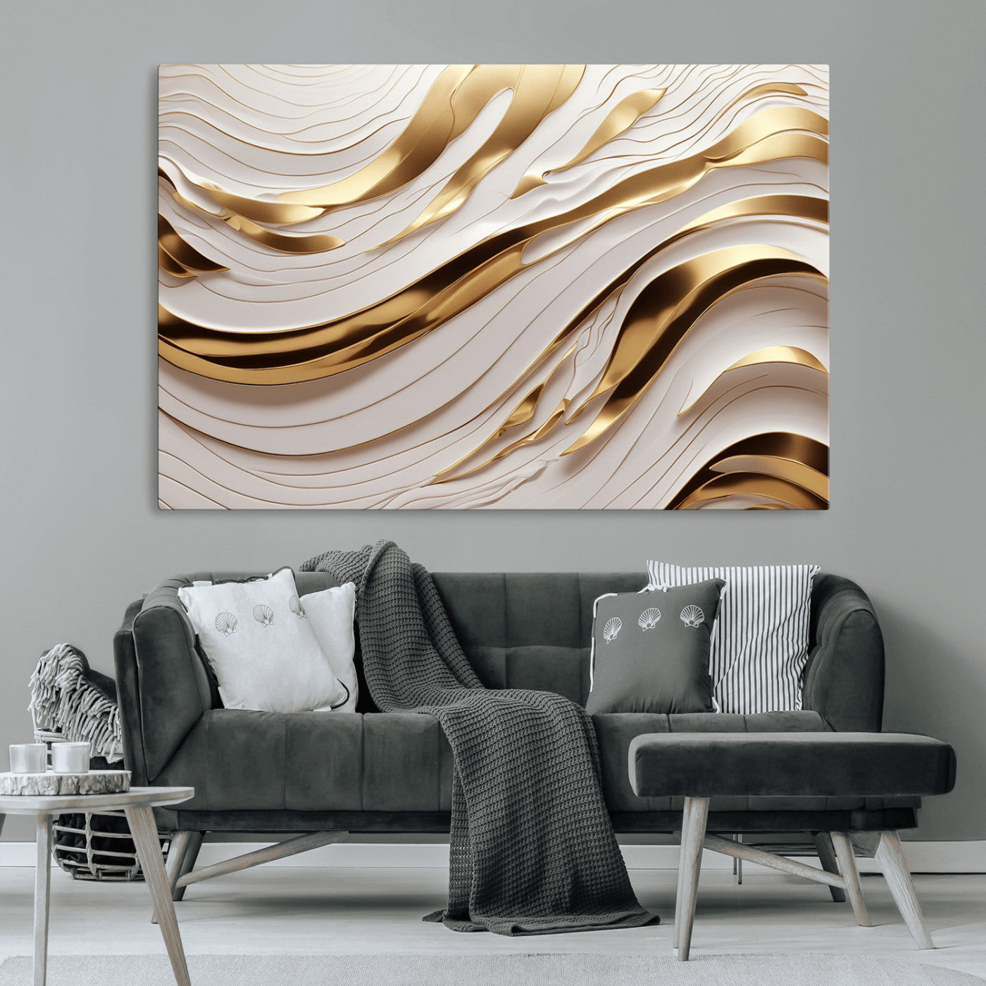 81197-MGV-CV-36X24-Gold and White Abstract Wave Canvas – Elegant Flowing Design with Luxurious Golden Accents –