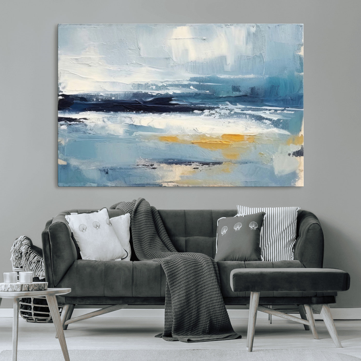 19746-MGV-CV-36X24-Abstract Ocean Canvas Wall Art - Coastal Blue and Gold Textured Painting, Modern Seascape Decor for