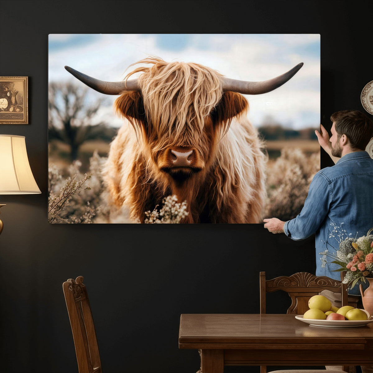 55903-_Poster-30x20 - Scottish Cow Longhorn Wall Art Canvas Print