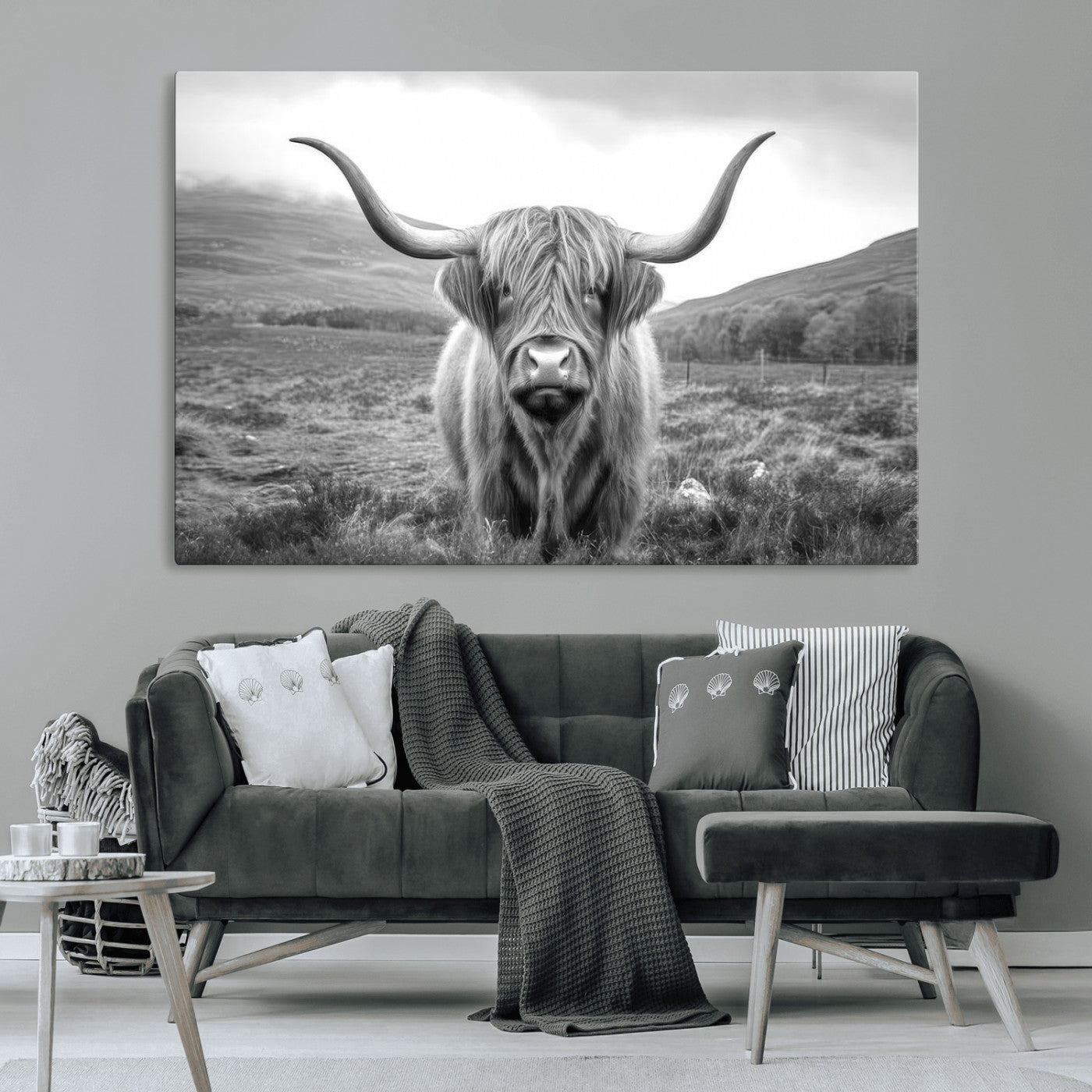 -Black White Scottish Highland Cow Canvas Farm Wall Art Canvas Print Rustic Animal Art for Home, Office Decor