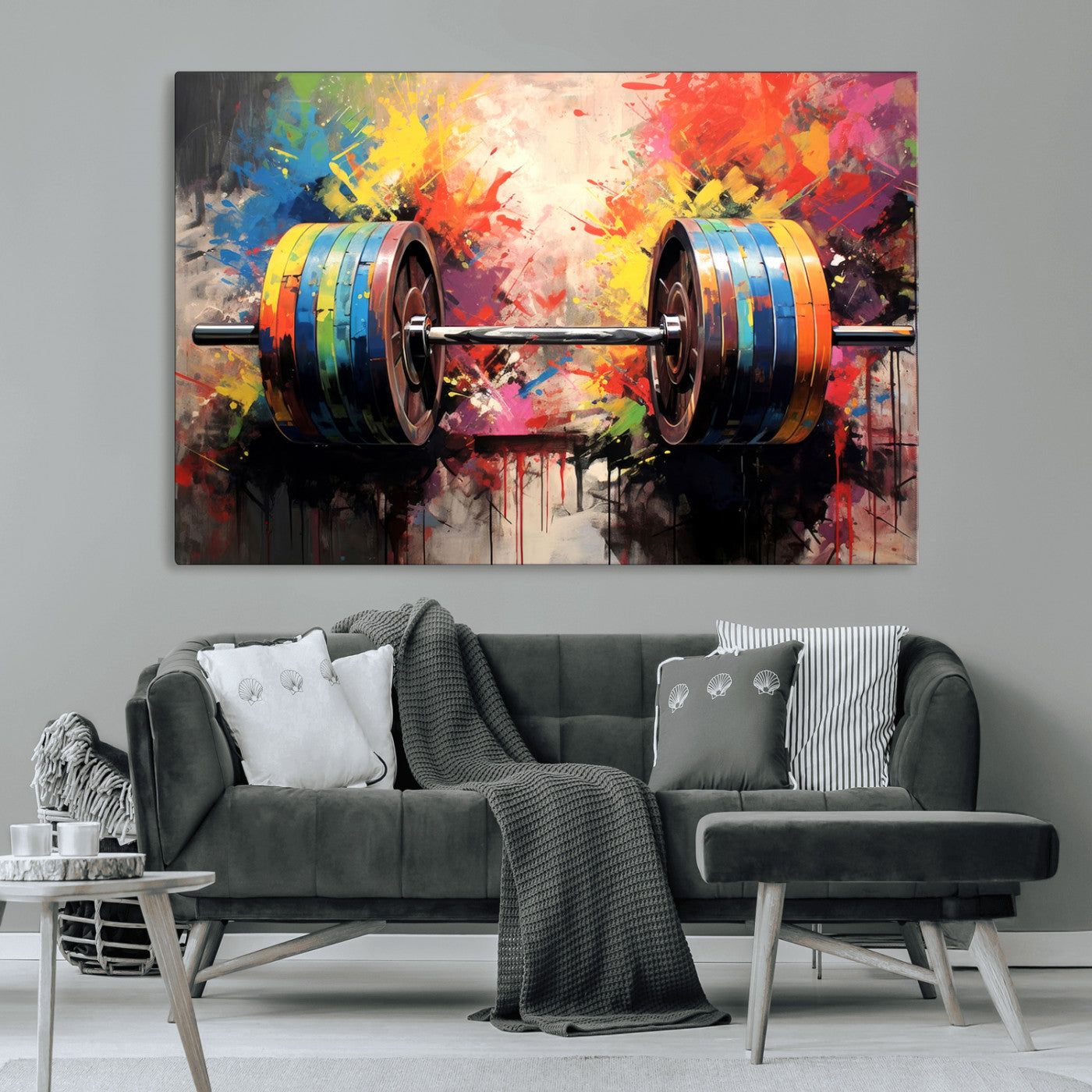 80436-MGV-CV-36X24-Weightlifting Barbell Art Triptych, Bold Abstract Fitness Wall Decor for Gym or Home, Giclee Canvas