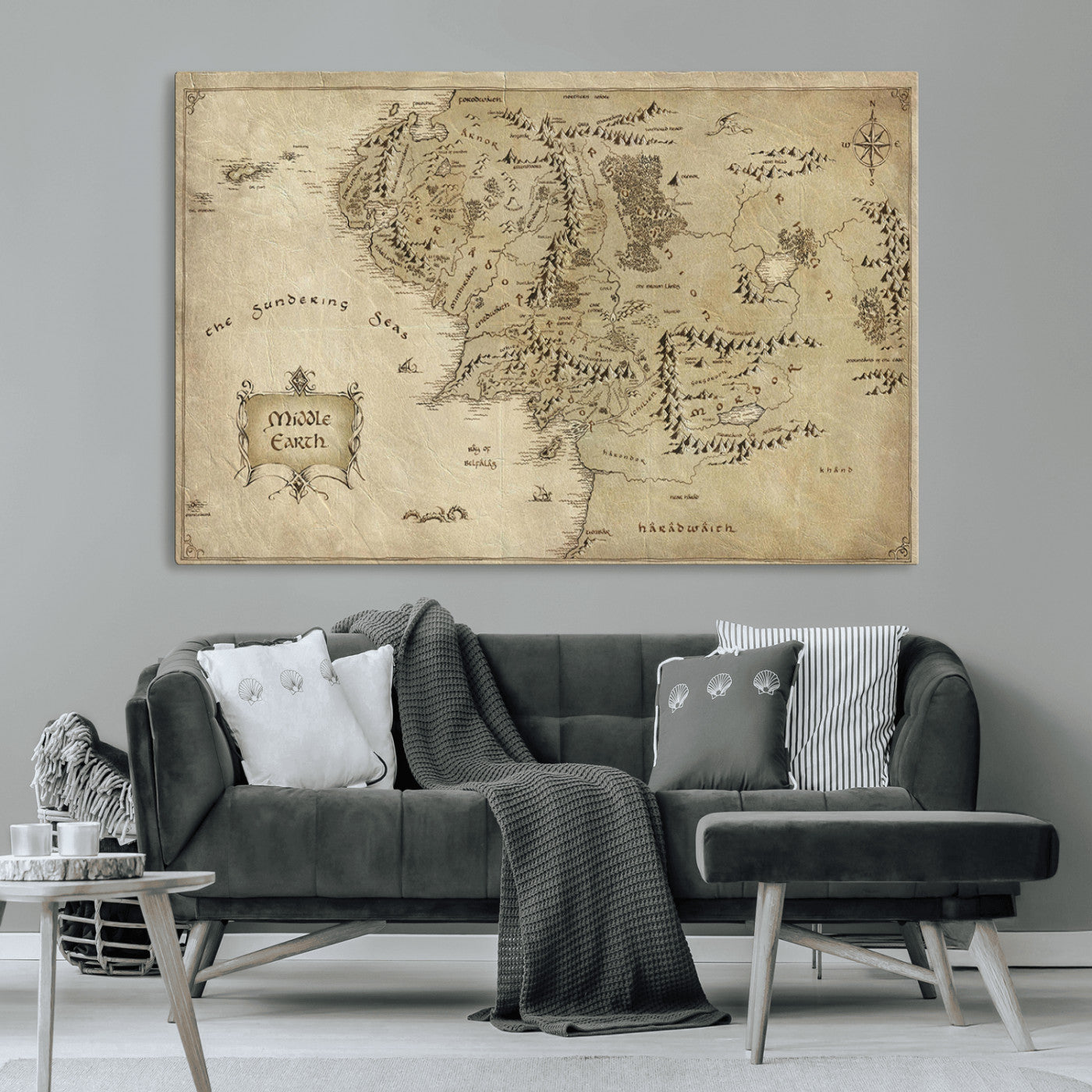 21784-MGV-CV-36X24-Vintage Middle Earth Map Wall Art Canvas – Lord of the Rings Inspired Framed Map Print, Classic Fantasy Decor for Home, Office