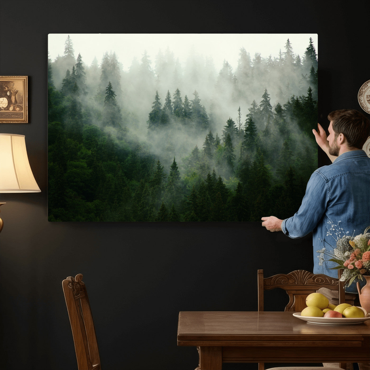 167720496-MGV-CV-36X24 - Misty Forest Mountain Wall Art Canvas | Large 3-Panel Foggy Landscape Canvas Print | Nature Misty