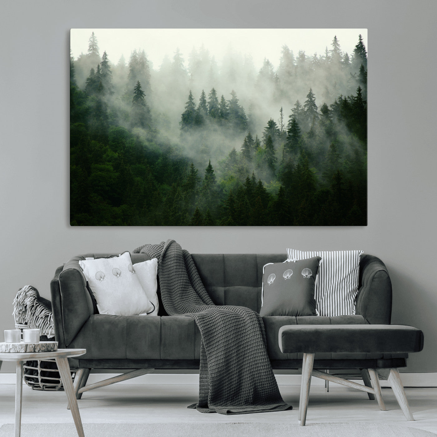 167720496-MGV-CV-36X24-Misty Forest Wall Art – Tranquil Green Woodland Canvas Print, Nature Landscape Decor for Living Room, Bedroom or Office