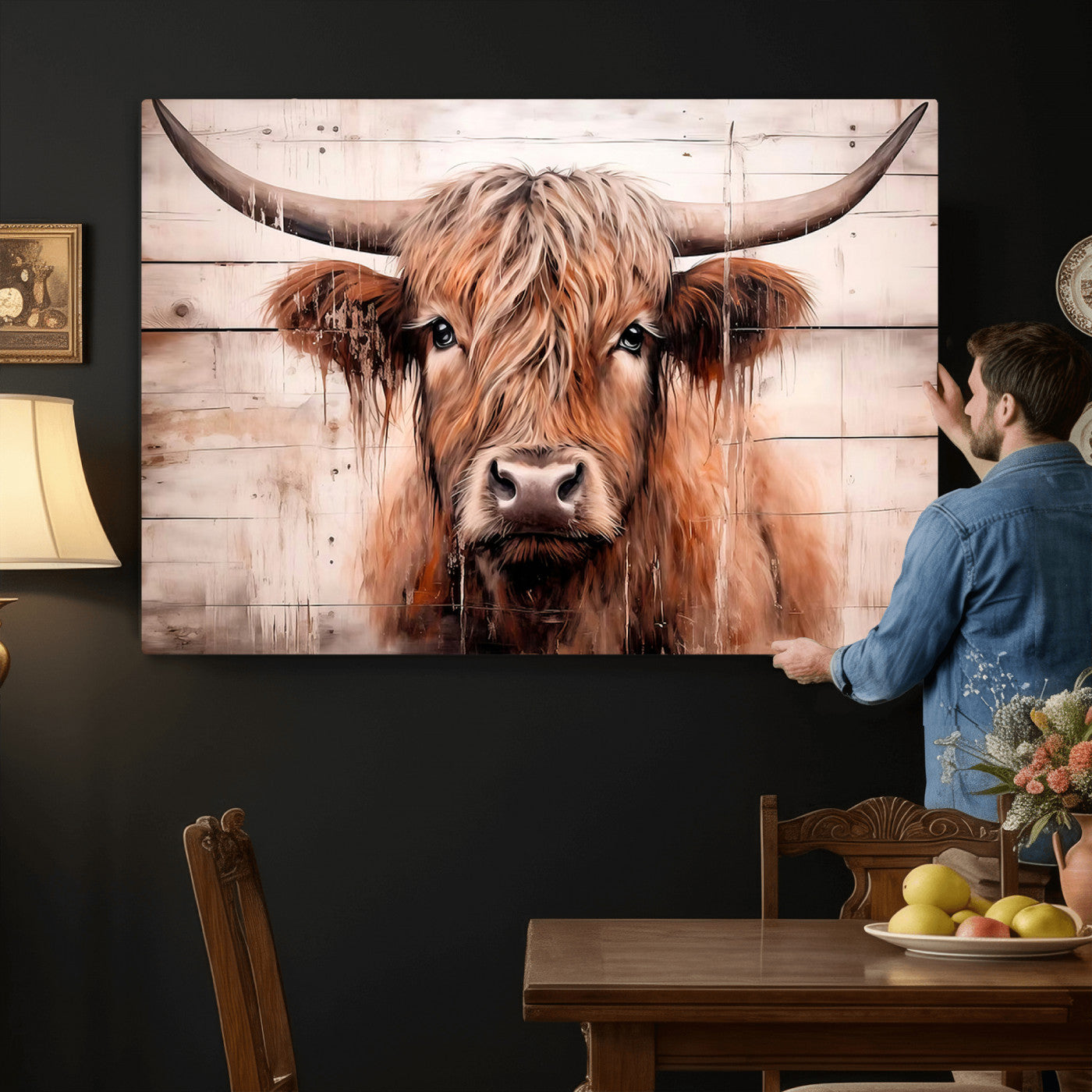 93730-MGV-CV-36X24 - Vintage Scottish Highland Cow Cattle Art Print Farmhouse Wall Art Canvas Print