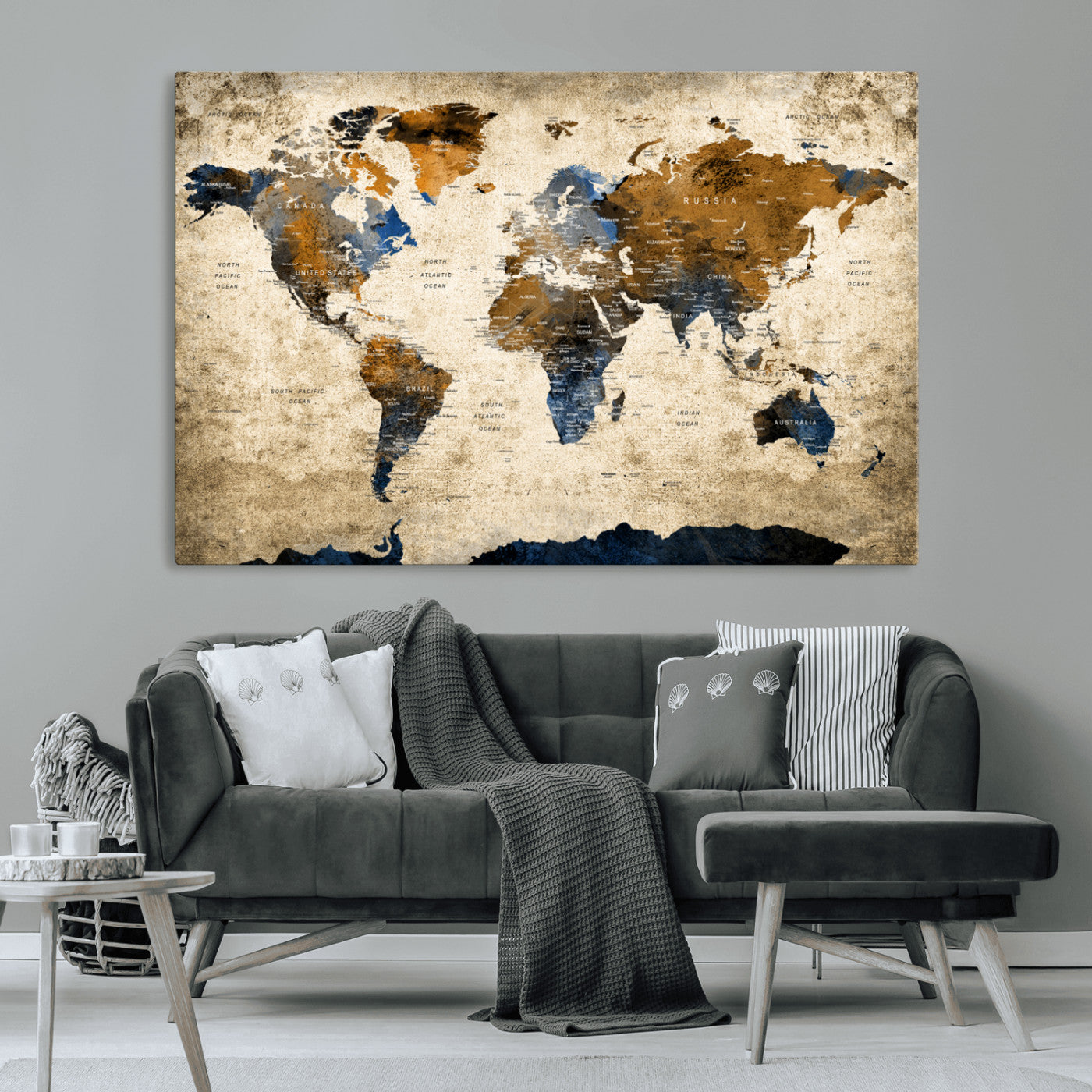 51140-MGV-CV-36X24-World Map Wall Art – Antique Style Blue and Brown Map Canvas Print, Classic Travel Wall Decor for Home Office or Study Room