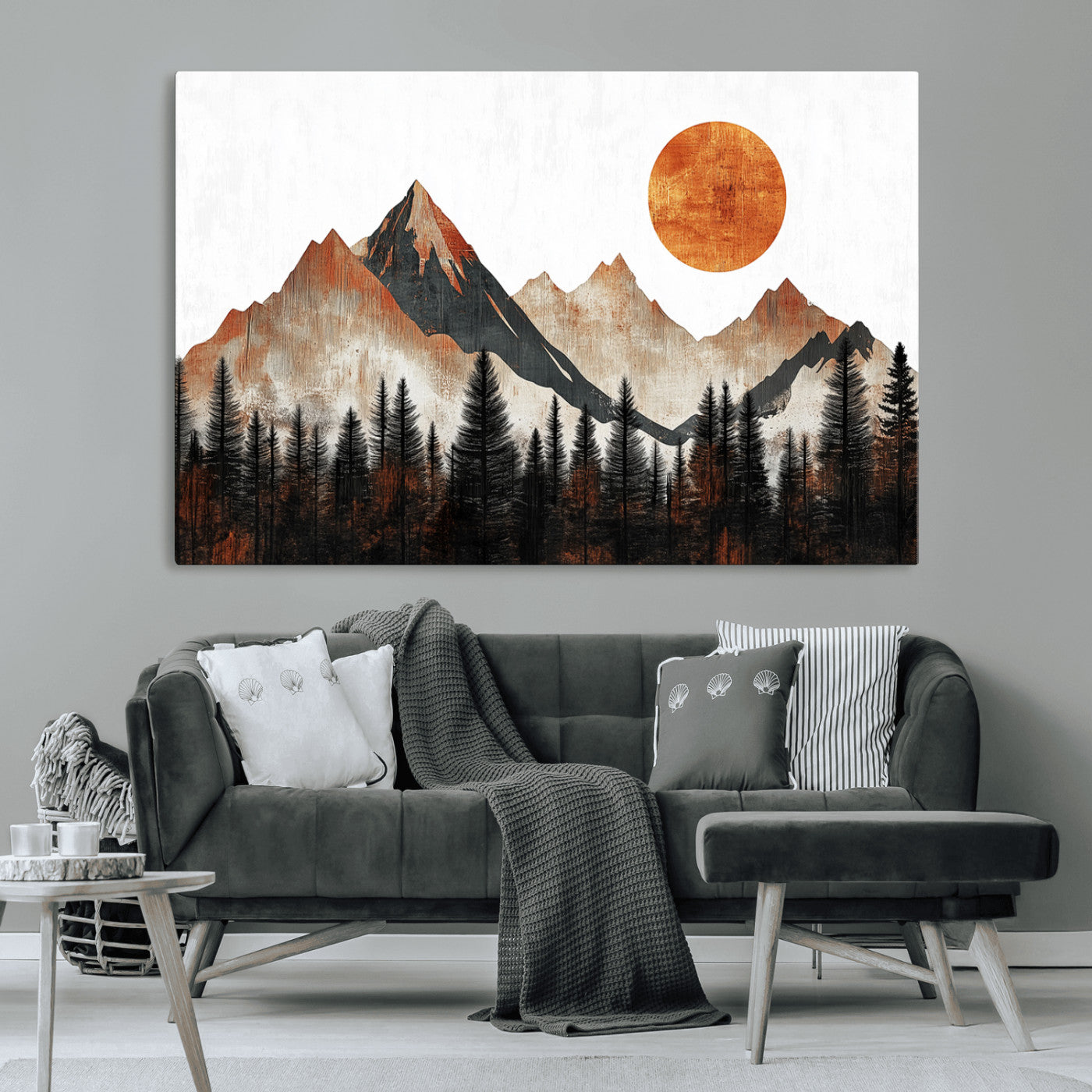 71366-MGV-CV-36X24-Modern Abstract Mountain Canvas Wall Art Print, Abstract Landscape Print, Rustic Sun and Mountains