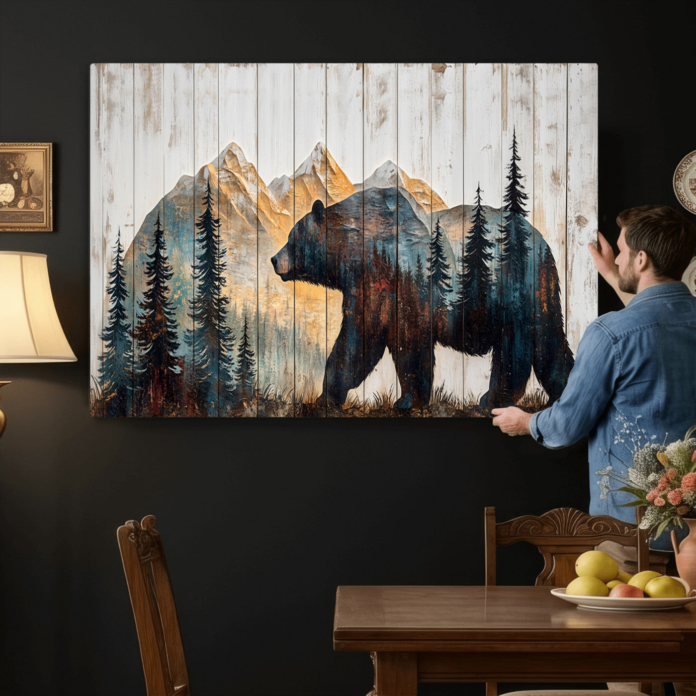90077-MGV-CV-36X24 - Rustic Bear Wall Art - Grizzly 399 Bear Wall Art - Mountain Wood Canvas Wall Art - Nature Theme