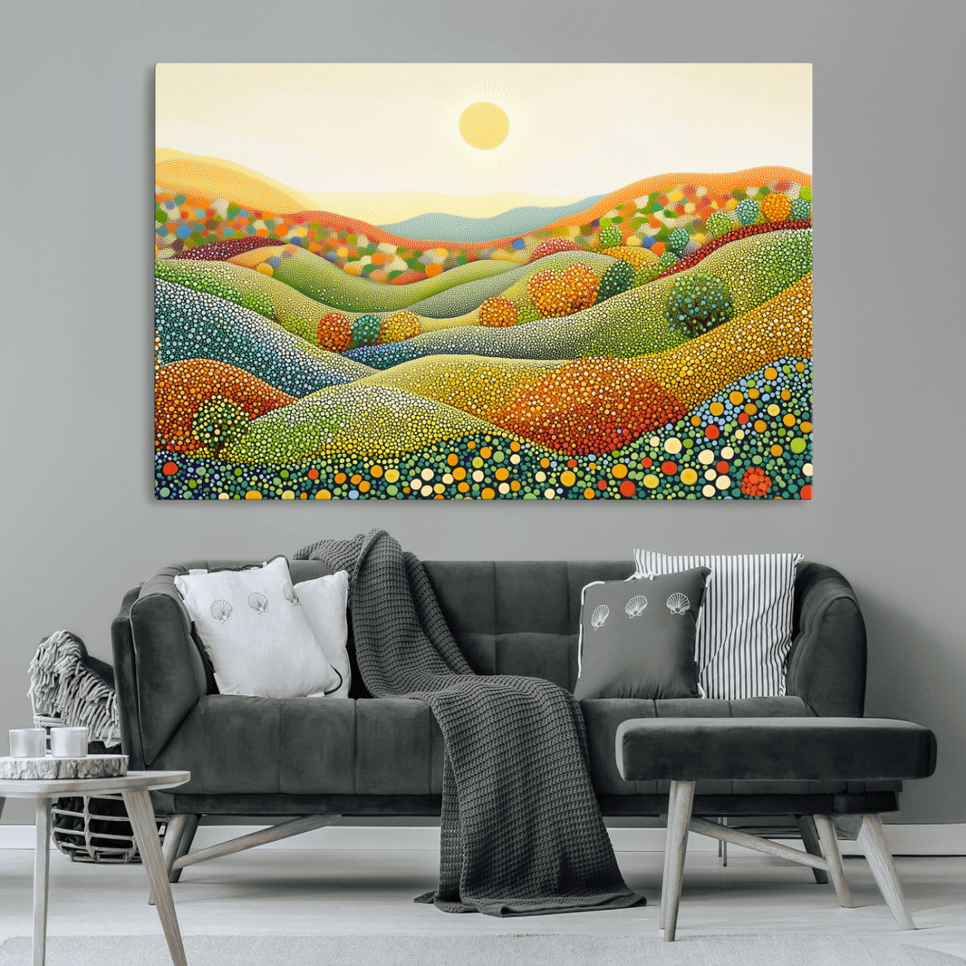 27683-MGV-CV-36X24-YAYOI KUSAMA Colorful Dot Art Landscape Canvas - Framed Abstract Pointillism Inspired by Nature with