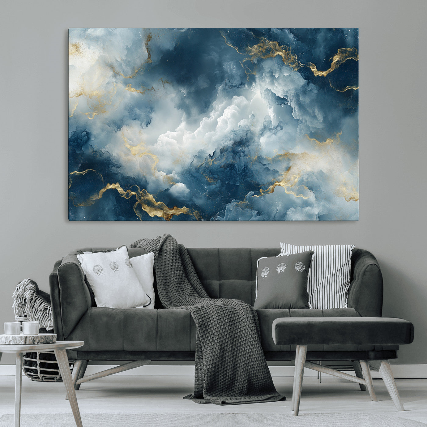 48298-MGV-CV-36X24-Large Abstract Print - Luxe Blue and Gold Abstract Canvas Wall Art - Bold Cloudscape Canvas for