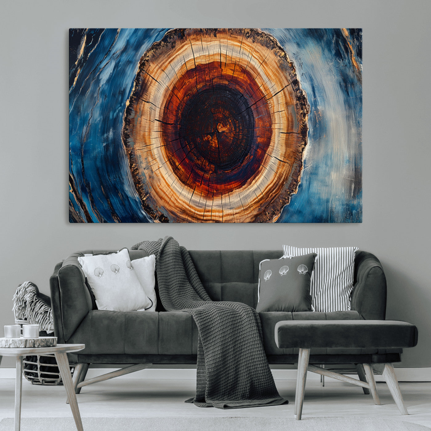 30457-MGV-CV-36X24-Framed Abstract Tree Ring Wall Art Print, Natural Rustic Wood Texture Canvas Print, Wood Tree Stump