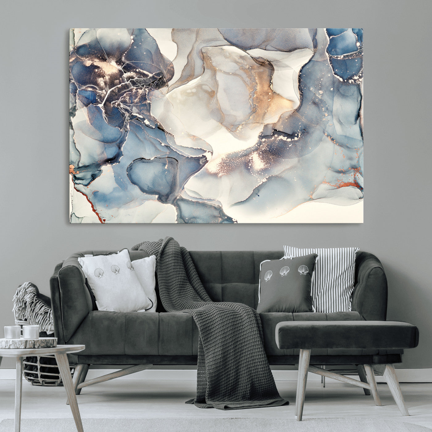 51497-MGV-CV-36X24-Abstract Blue and Gold Canvas Wall Art - Fluid Modern Ink Artwork - Modern Luxury Wall Decor for