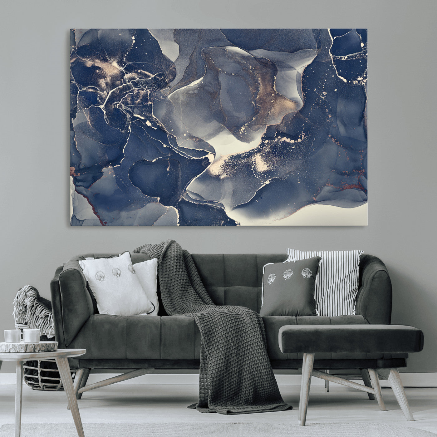 28282-MGV-CV-36X24-Large Abstract Blue and Gold Canvas Wall Art | Fluid Ink Artwork Print | Luxury Wall Decor for