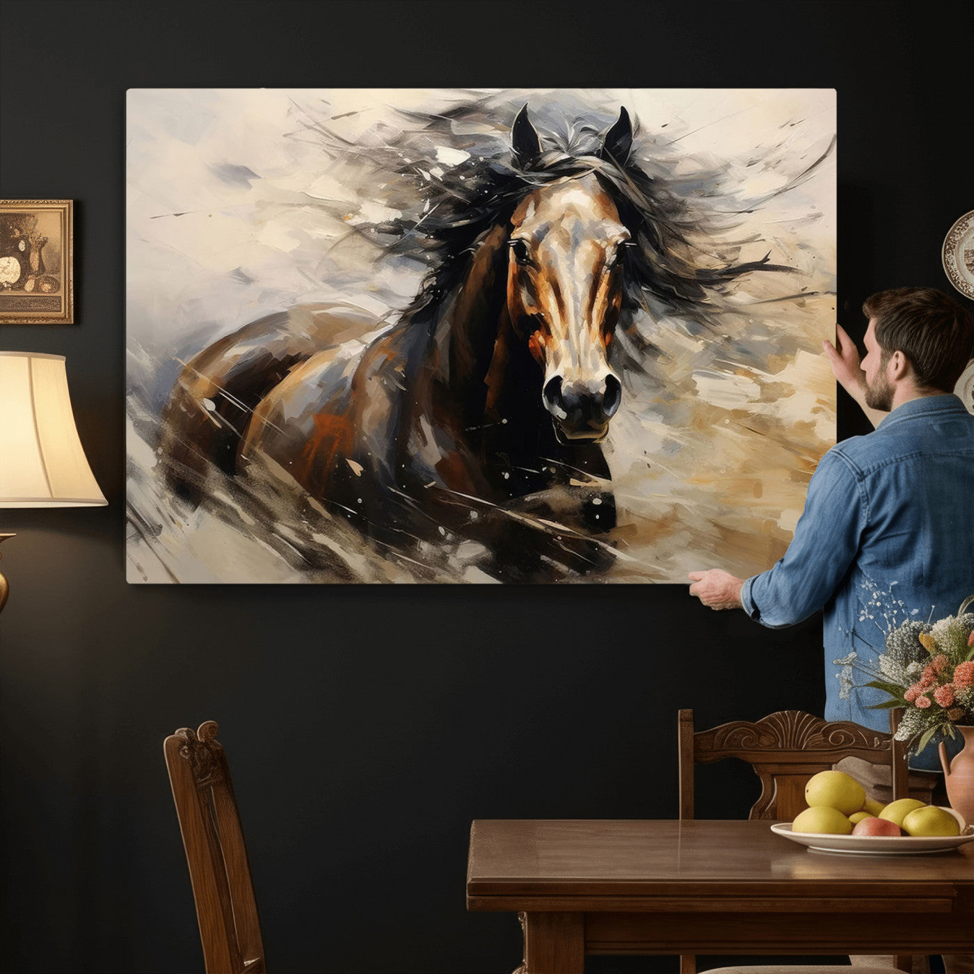 53001-MGV-CV-36X24 - Abstract Wall Art Horse Print - Large Western Horse Canvas - Farmhouse Woodland Wall Art - Framed