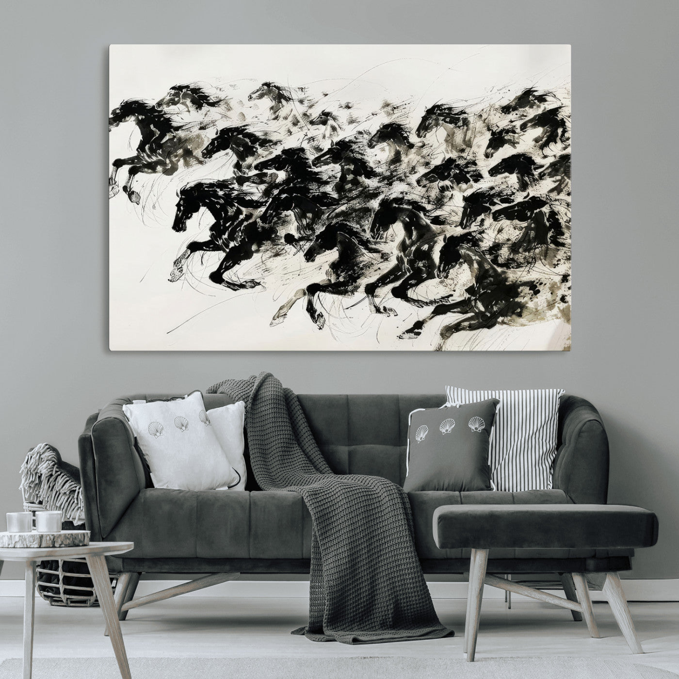 MGV-CV-36X24 - Abstract Horse Wall Art Canvas Print - Dynamic Black Ink Horse Print - Modern Equine Wall Decor for