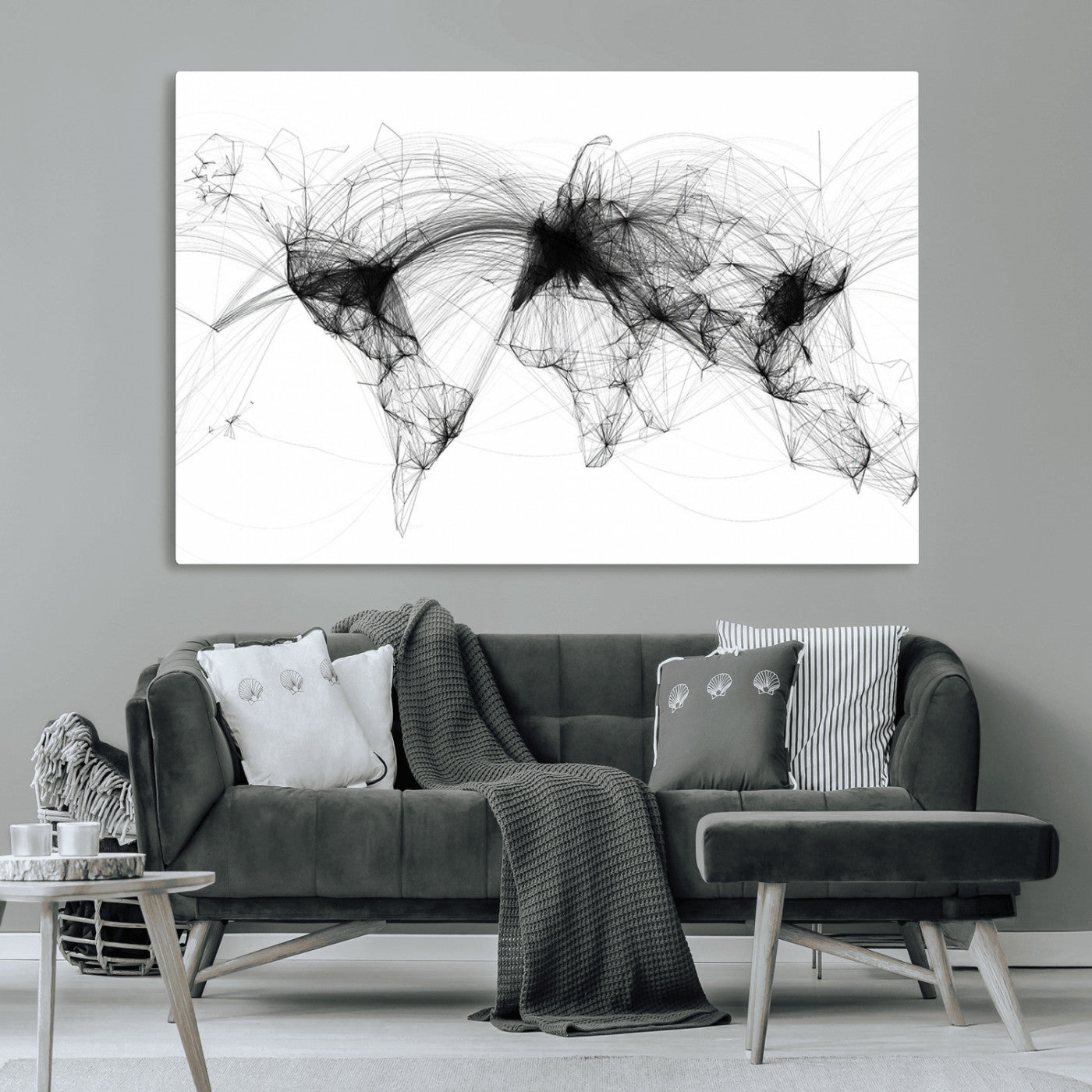 50136-MGV-CV-36X24-Abstract World Map Wall Art – Framed Geometric Line Canvas Artwork, Modern Global Design, Contemporary Decor for Home, Office