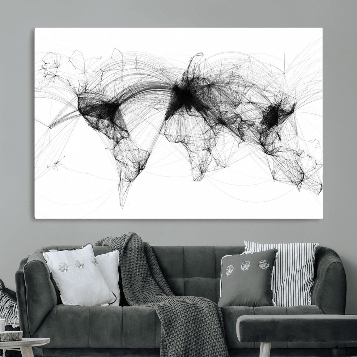 50136-MGV-CV-36X24-Abstract World Map Wall Art – Framed Geometric Line Canvas Artwork, Modern Global Design, Contemporary Decor for Home, Office