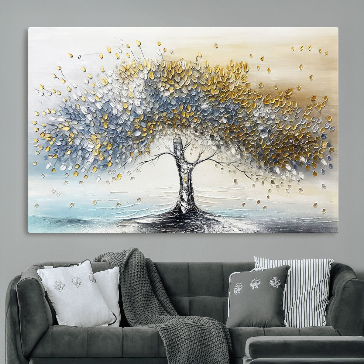 MGV-CV-36X24 - Golden & Silver Tree of Life Wall Art – Canvas Print with Whimsical Leaves Elegant Nature Design, Decorative Home, Office or Guest Room Decor