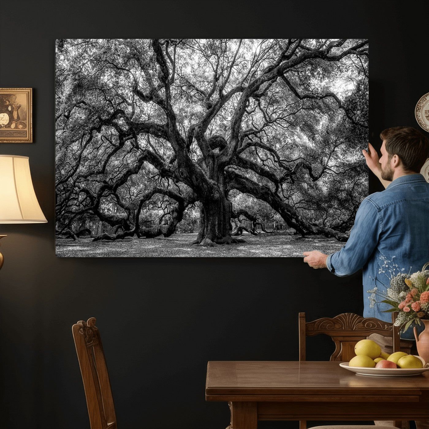 132944706-MGV-CV-36X24 - Black and White Old Angel Oak Tree Wall Art Canvas Print