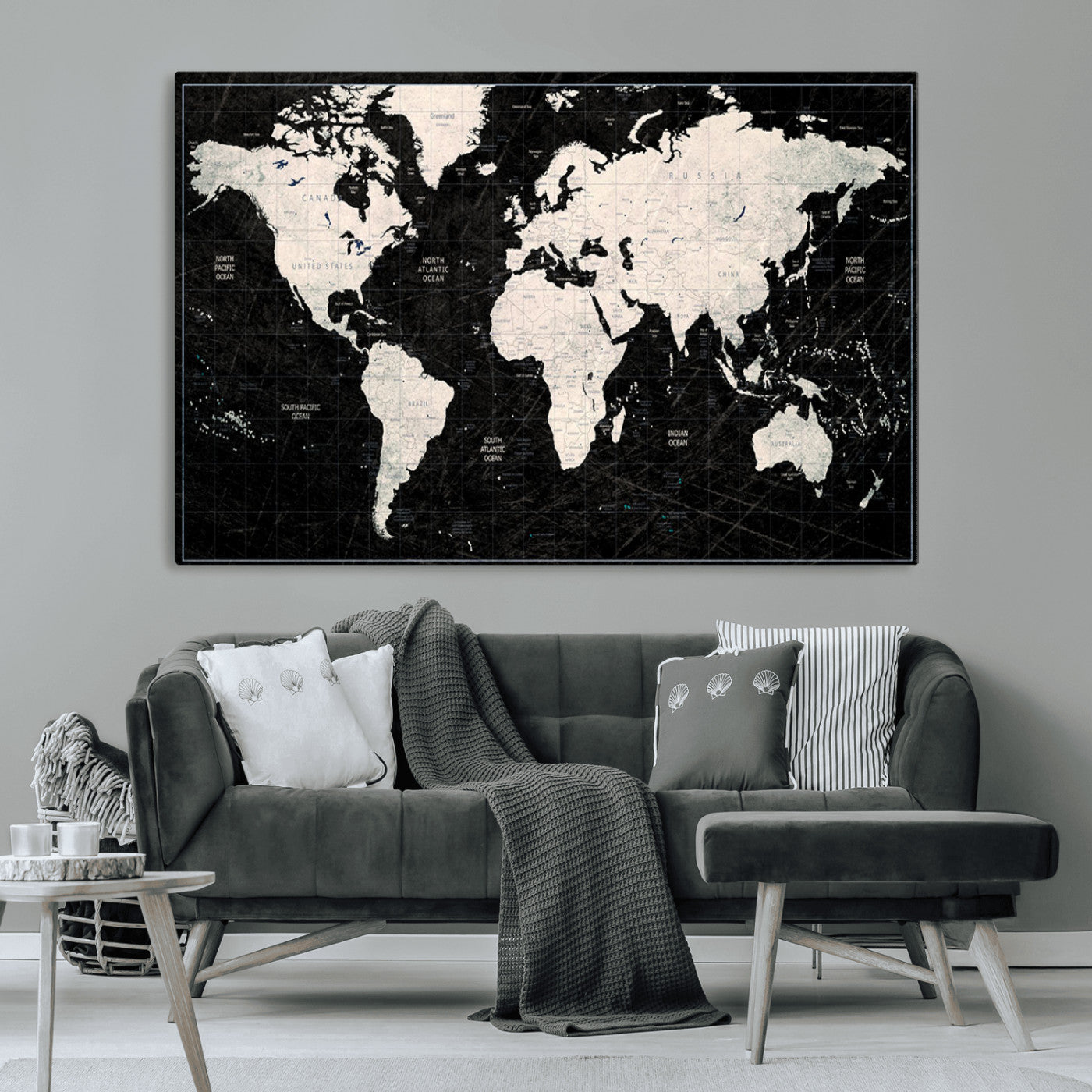 N50Black-MGV-CV-36X24-Push Pin World Map Canvas Print – Framed Travel Tracker Wall Art for Couples, Anniversary Gift and Elegant Home Decor