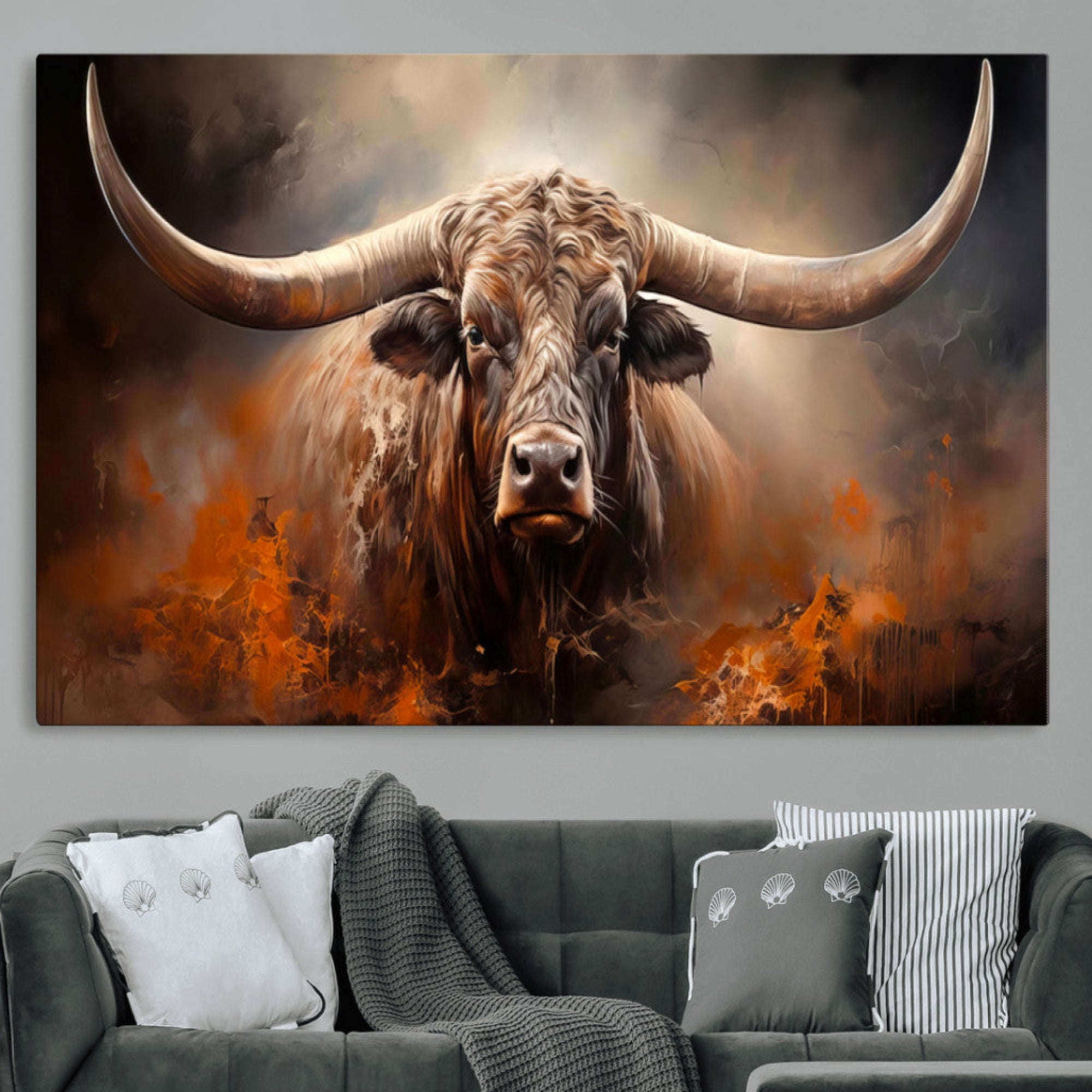 240479-MGV-CV-36X24-Highland Bull Canvas Abstract Canvas Wall Art Print – Powerful Highland Bull with Striking Horns in