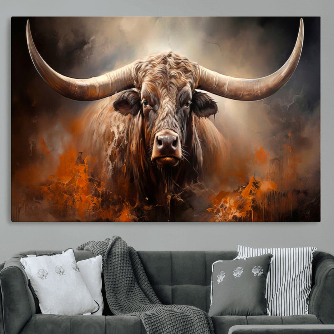 Highland Bull Abstract Canvas Wall Art Print | Powerful Bull with Striking Horns