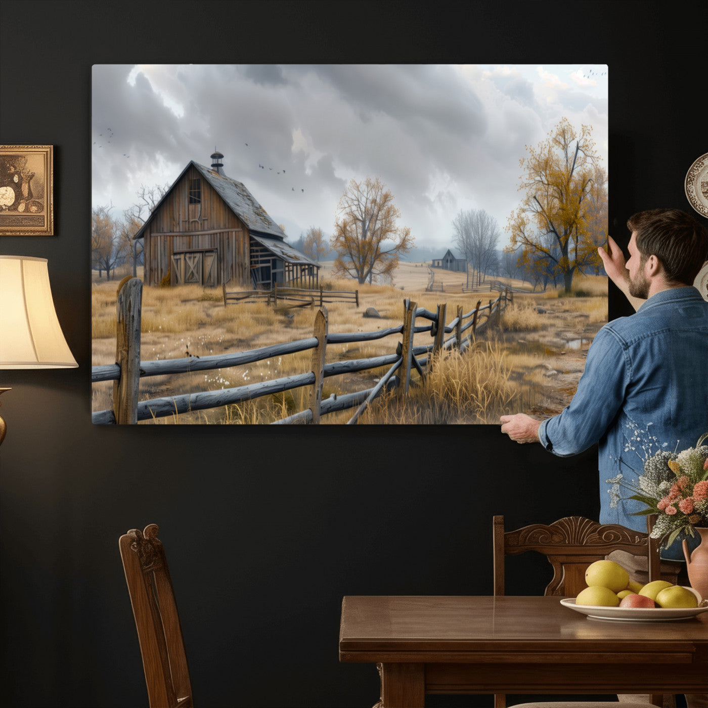 Farm1-MGV-CV-36X24 - Rustic Autumn Farmhouse Wall Art Canvas Print – Serene Countryside Scene with Weathered Barn and