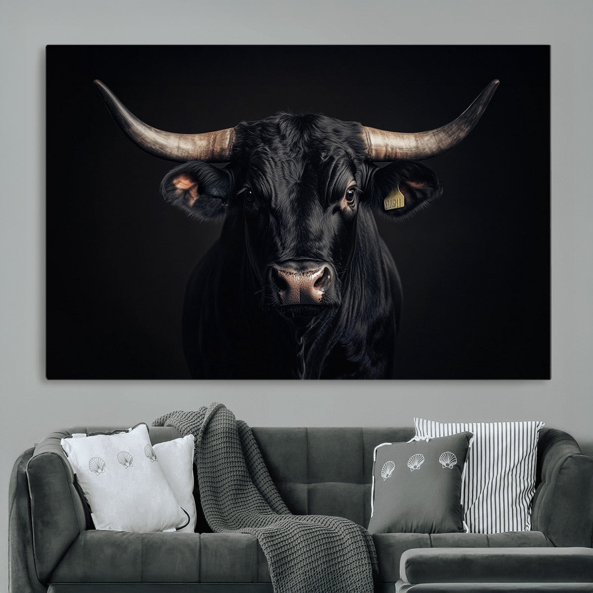 MGV-CV-36X24 - Black Bull Wall Art – Framed Horned Bull Canvas Artwork, Western Cattle Design, Rustic Ranch Style Decor for Home, Office