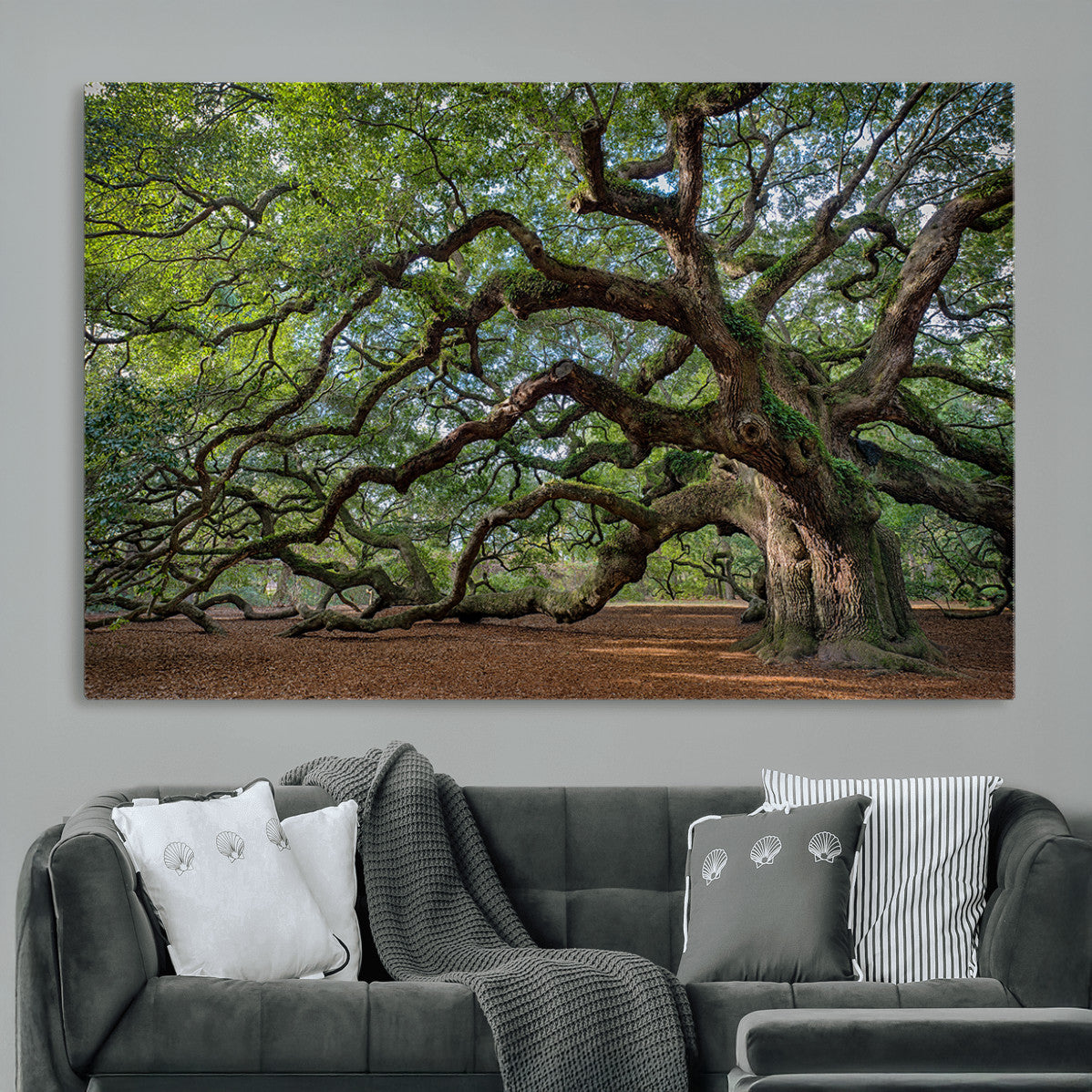 MGV-CV-36X24 - Ancient Oak Tree Wall Art – Canvas Print of Expansive Branches Lush Green Canopy, Tranquil Landscape, Majestic Nature Decor for Home or Office