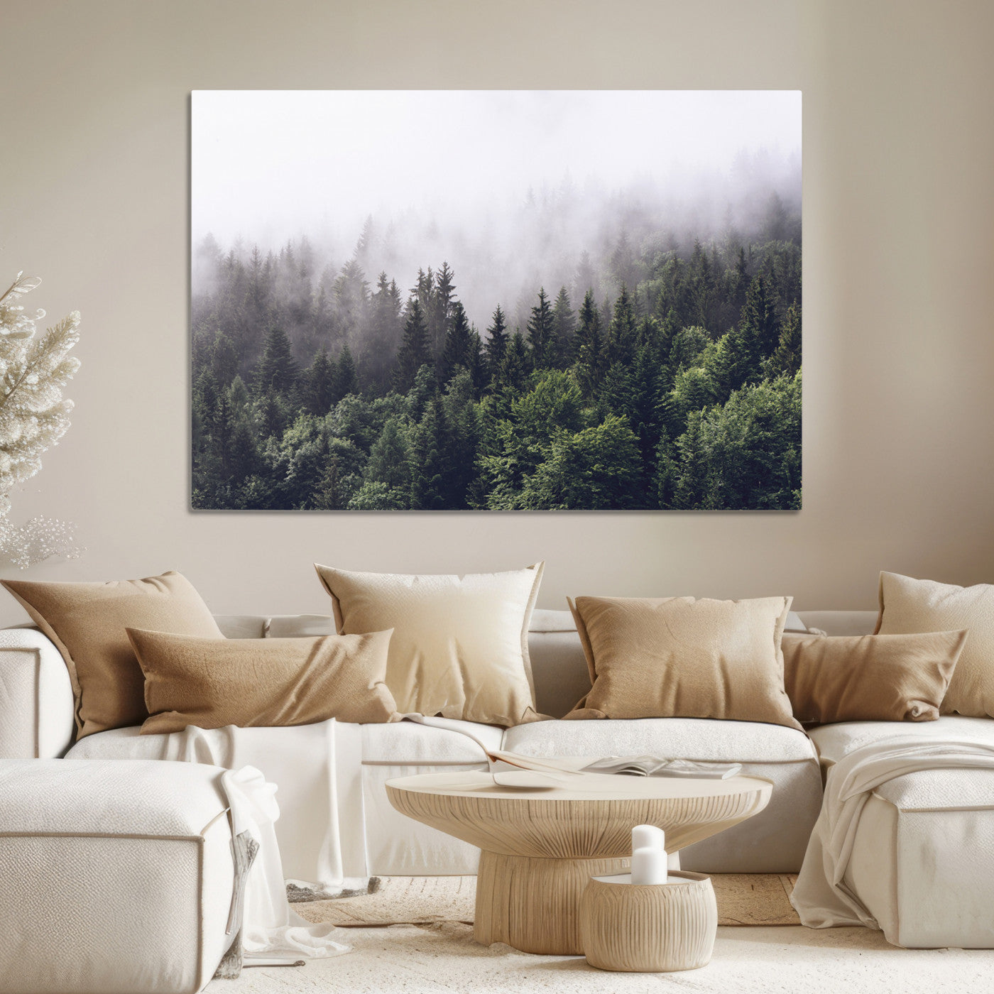62890402-MGV-CV-36X24-Misty Forest Wall Art Canvas Print – Foggy Pines Pine Valley Moody Landscape Nature Artwork for Home Office