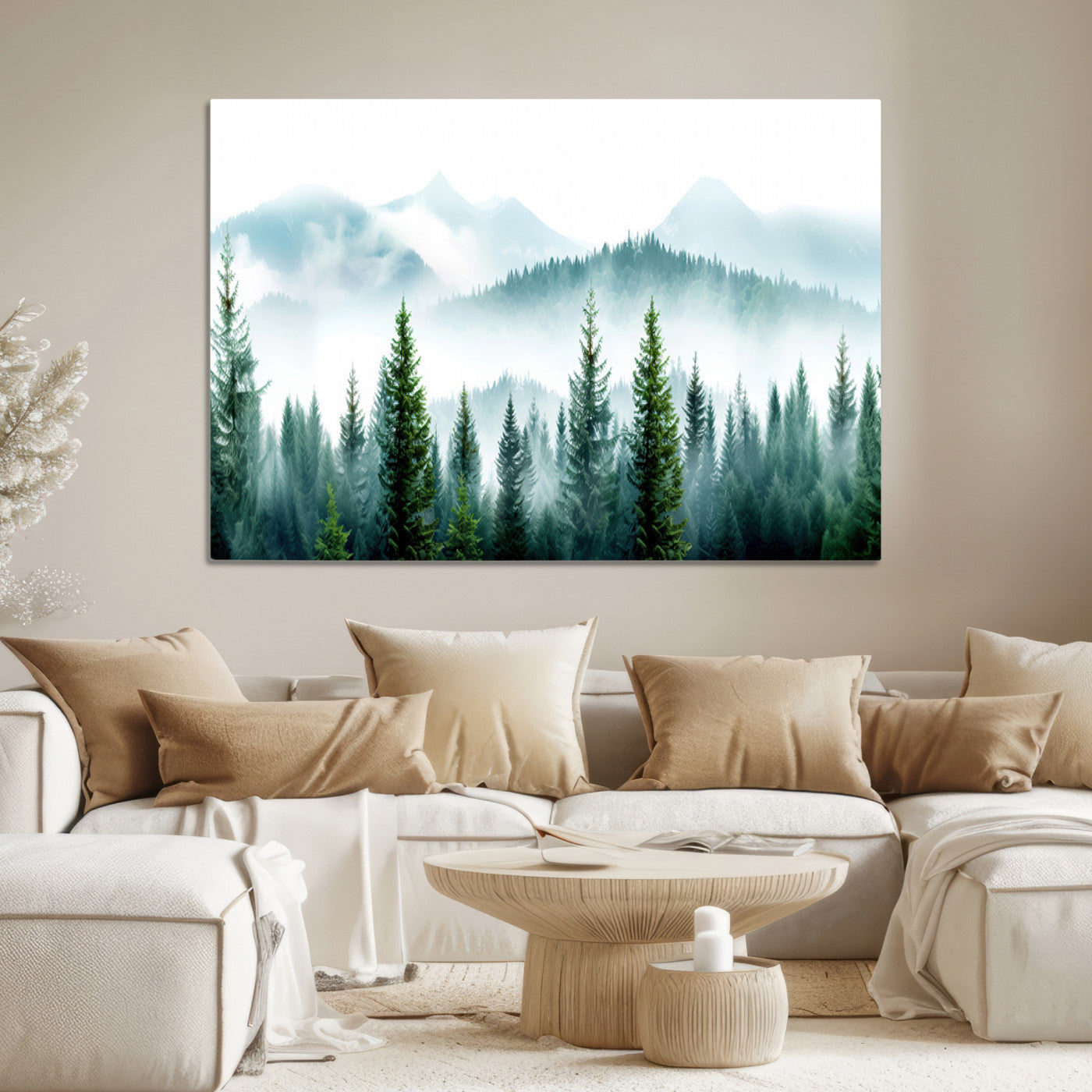 16716676-MGV-CV-36X24-Pine Forest Wall Art Canvas Print – Misty Mountains Foggy Trees Serene Woodland Nature Artwork for Home Office