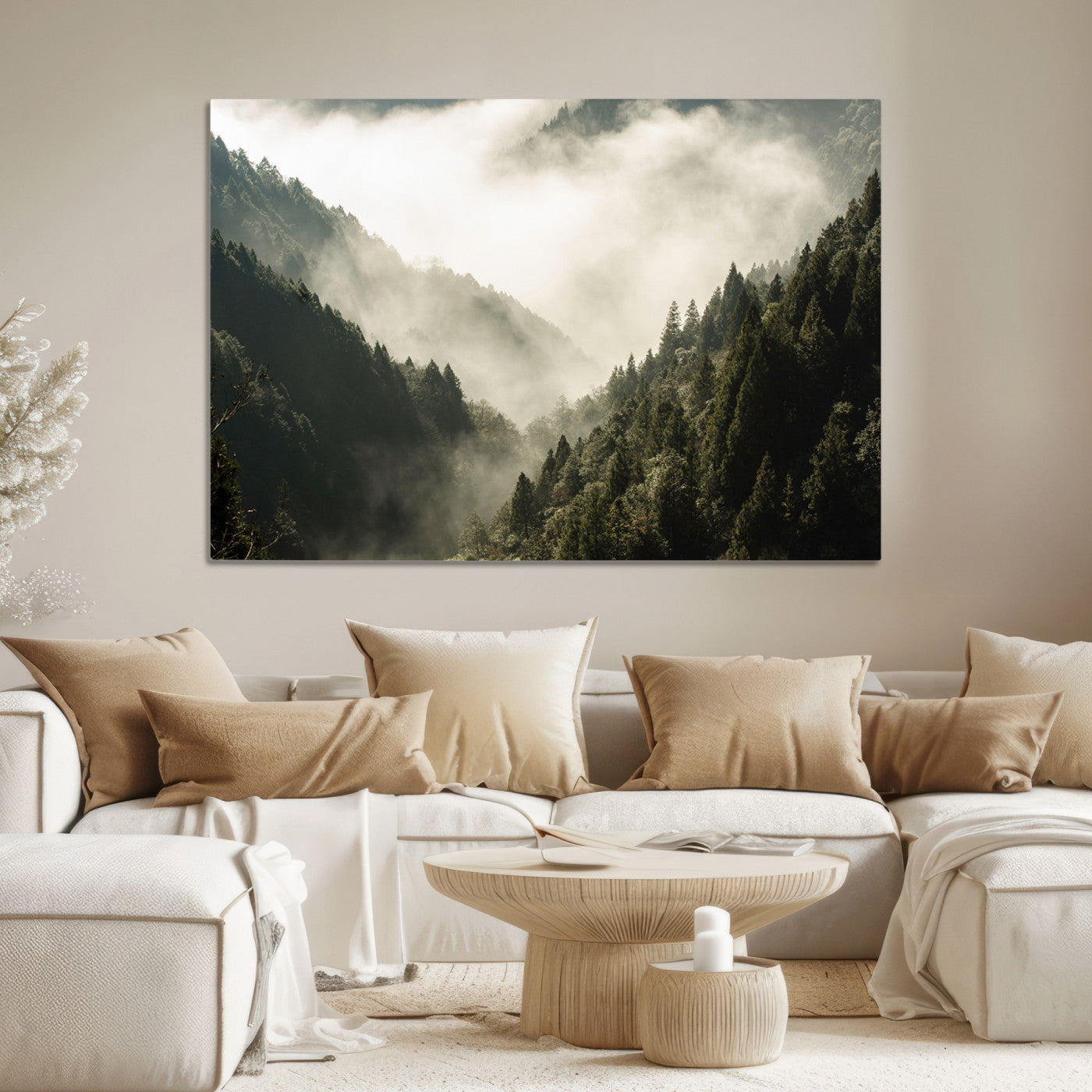 57570237-MGV-CV-36X24-Misty Valley Wall Art Canvas Print – Foggy Forest Pine Trees Serene Woodland Landscape Artwork for Home Office