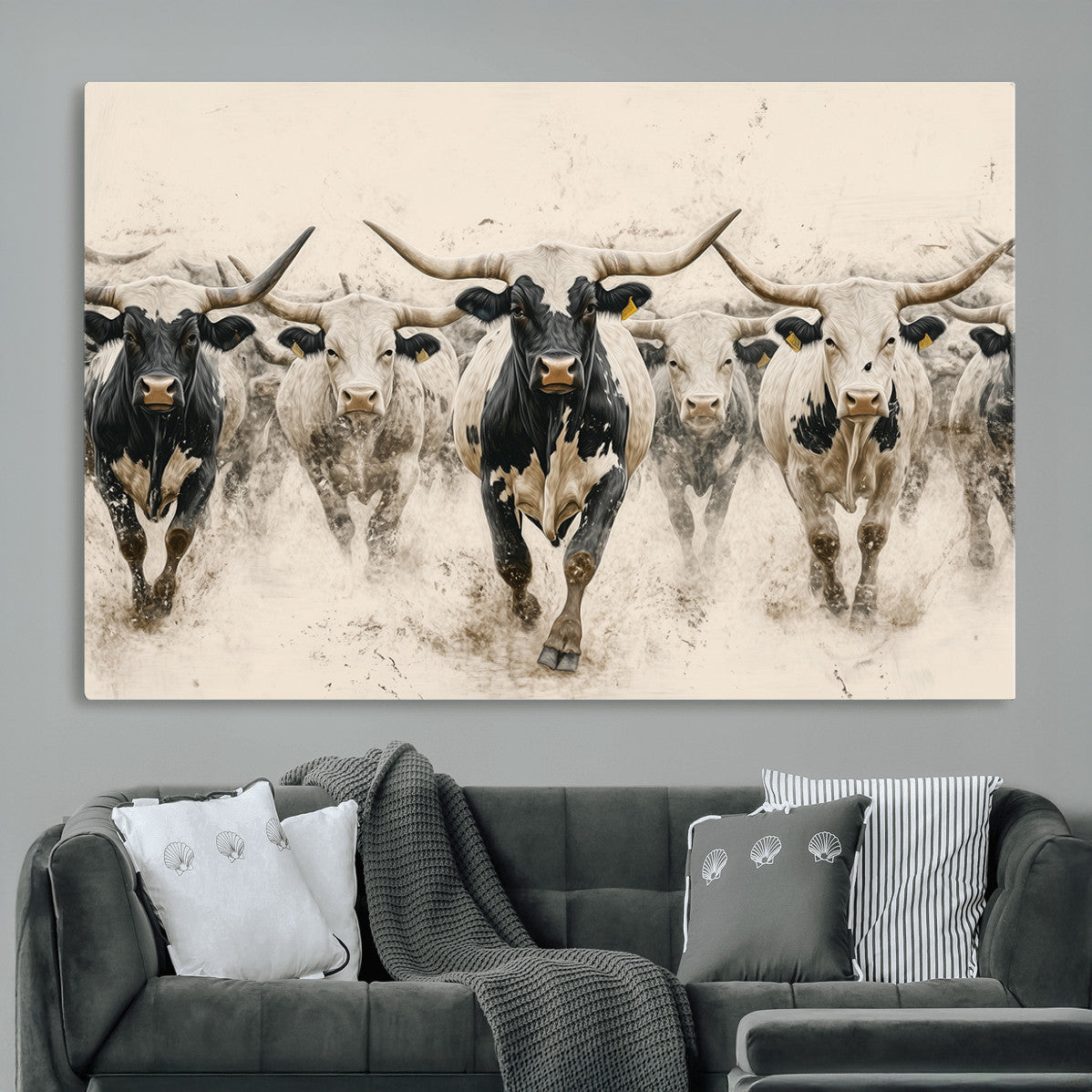 MGV-CV-36X24 - Cream Dust Longhorn Wall Art – Canvas Print of Western Herd Stampede, Dynamic Charge, Rustic Prairie Motion, Bold Nature Farm Decor