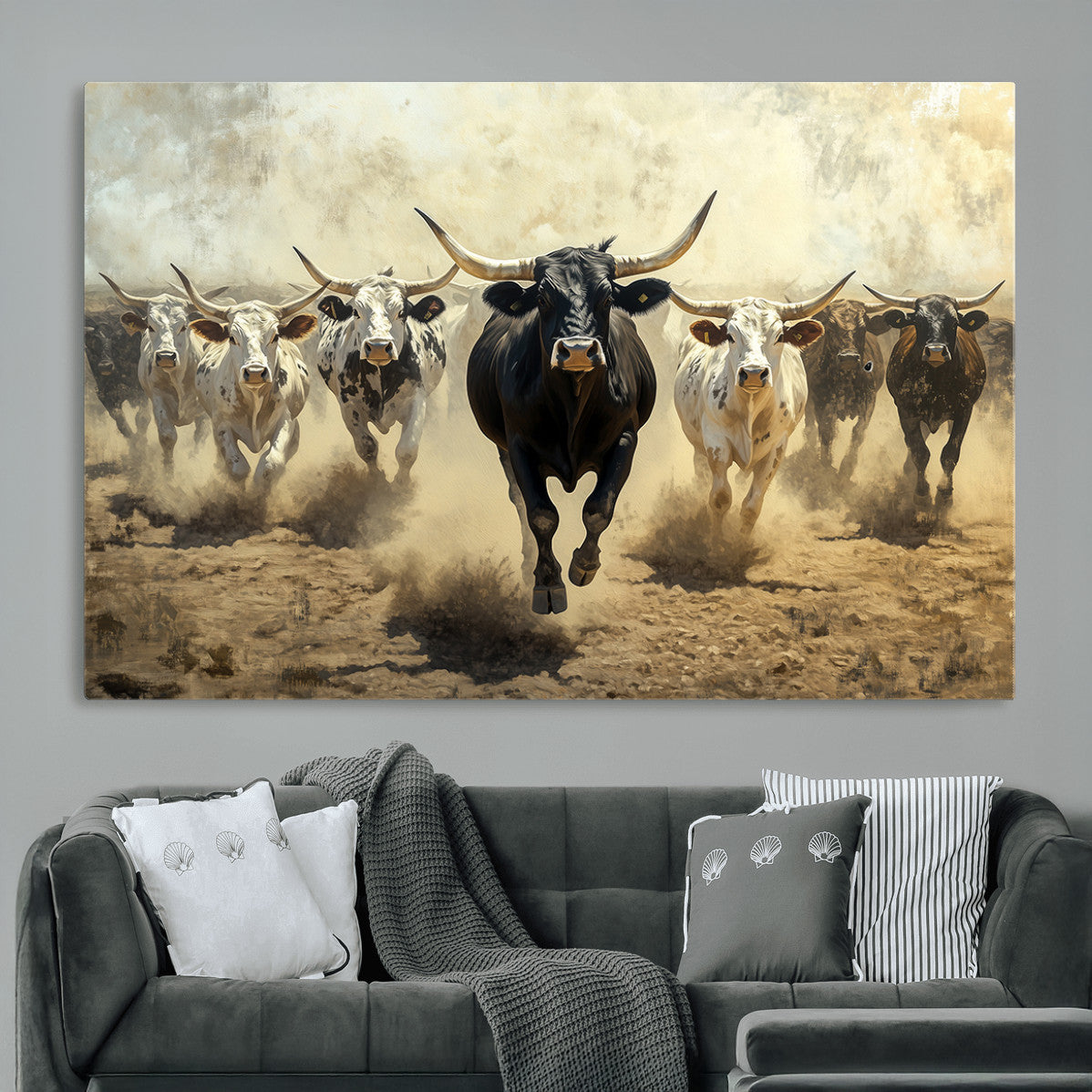 MGV-CV-36X24 - Running Cattle Wall Art – Canvas Print of Western Herd, Dust Stampede, Longhorns, Wild West Ranch, Bold Rustic Farm Decor for Home or Office