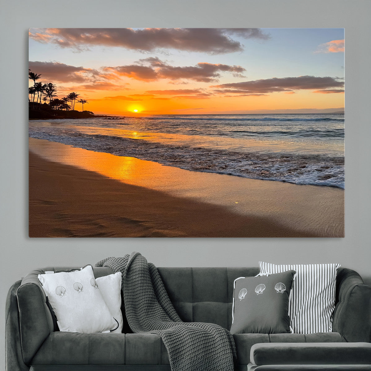 MGV-CV-36X24 - Sunset Glow Wall Art – Canvas Print of Ocean Breeze, Golden Sand, Tropical Palm Silhouettes, Tranquil Waves, Beach Nature Decor for Home