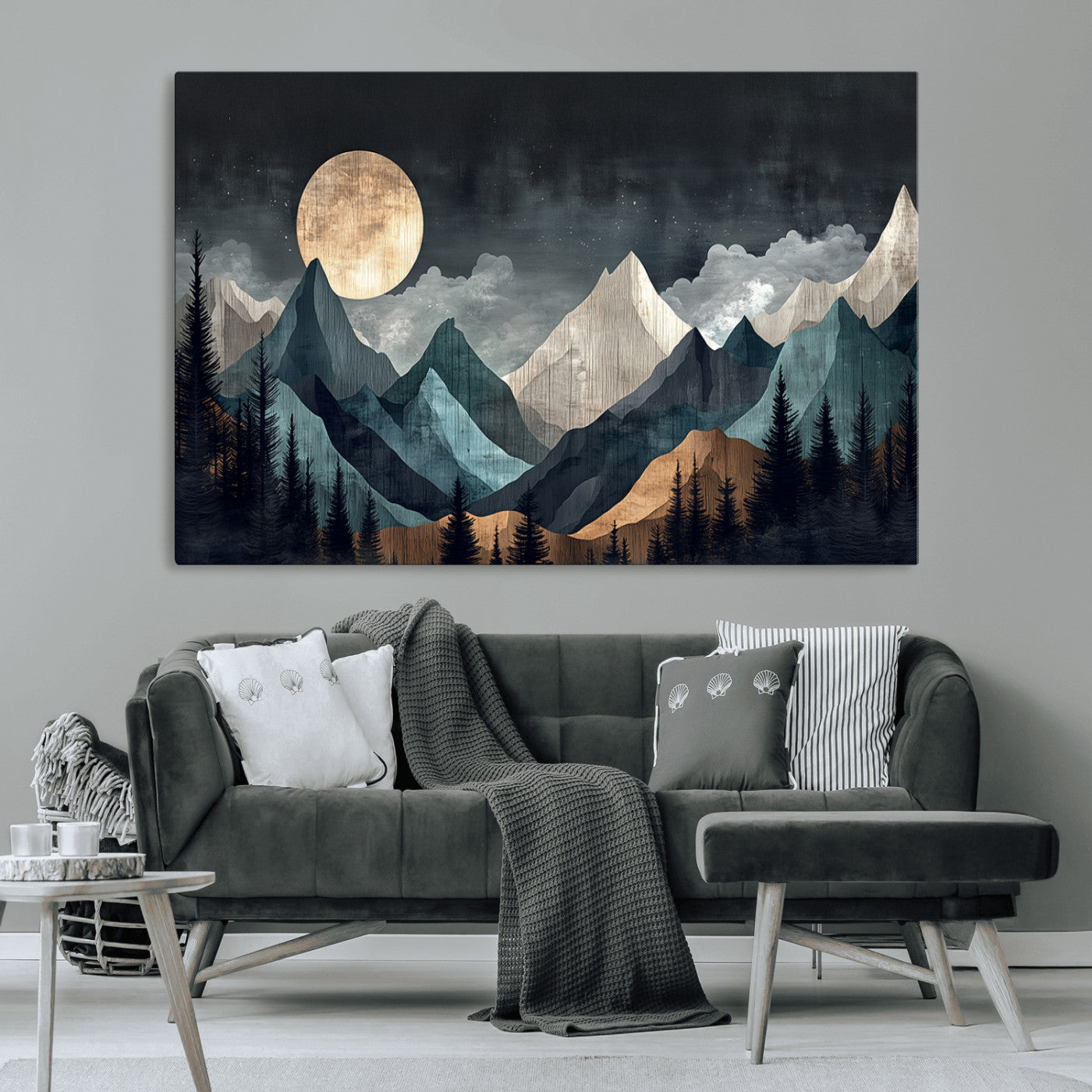 11060882-MGV-CV-36X24-Moonlit Mountain Wall Art Canvas Print – Silhouetted Pines Layered Peaks Tranquil Sky Mist Silver Light Nature Artwork for Home