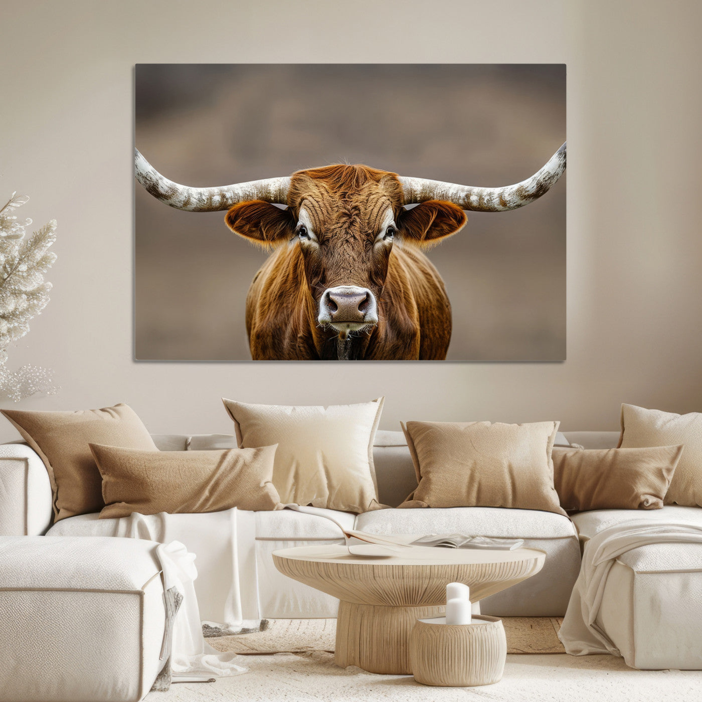 -Texas Longhorn Wall Art Canvas Print, Framed Brown Bull Art Picture Print, Lone Cattle Perfect