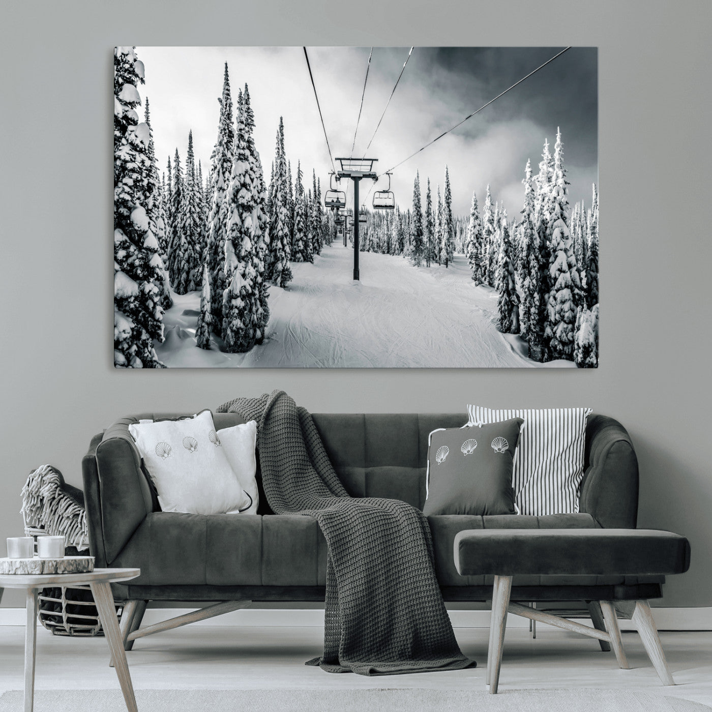 31156828-MGV-CV-36X24-Snowy Pines Wall Art Canvas Print – Framed Ski Lift Winter Forest Snowy Landscape Moody Lodge Artwork for Home, Office