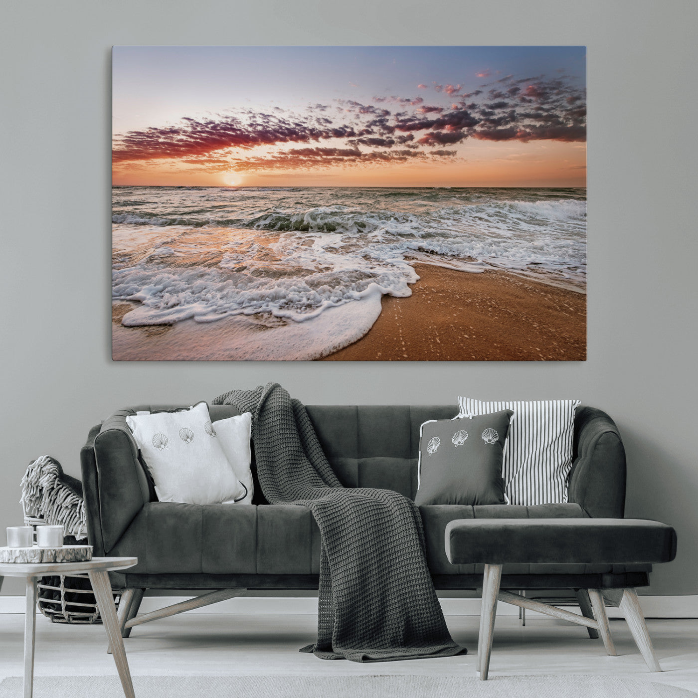 39846389-MGV-CV-36X24-Ocean Sunset Wall Art Canvas Print – Framed Sandy Shore Gentle Waves Coastal Landscape Minimalist Artwork for Home, Office
