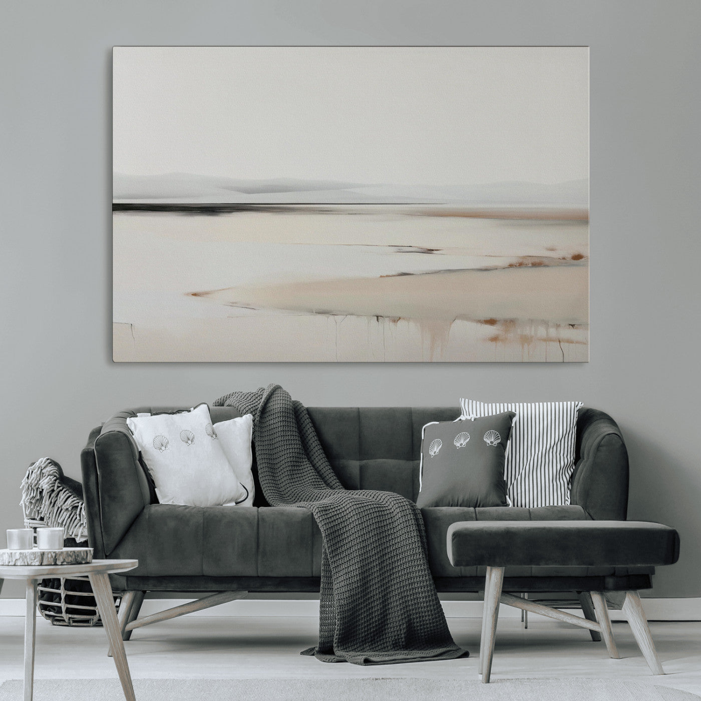 89410095-MGV-CV-36X24-Minimalist Landscape Wall Art Canvas Print – Framed Soft Horizon Abstract Seascape Earthy Tones Artwork for Home Office
