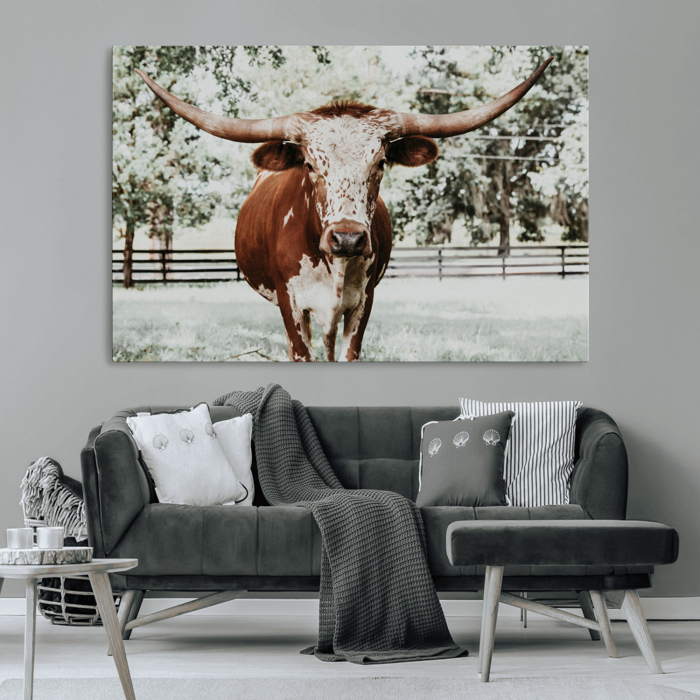 -Texas Longhorn Wall Art Canvas Print, Framed Spotted Cow Art Picture Print, Horned Cattle Perfect Rustic Western Decor Artwork