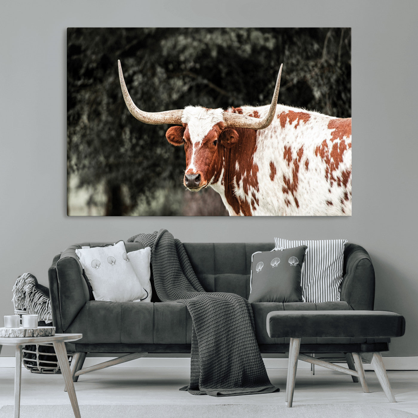 -Texas Longhorn Wall Art Canvas Print, Framed Spotted Cow Art Picture Print, Horned Bull Perfect Rustic Western Decor Artwork