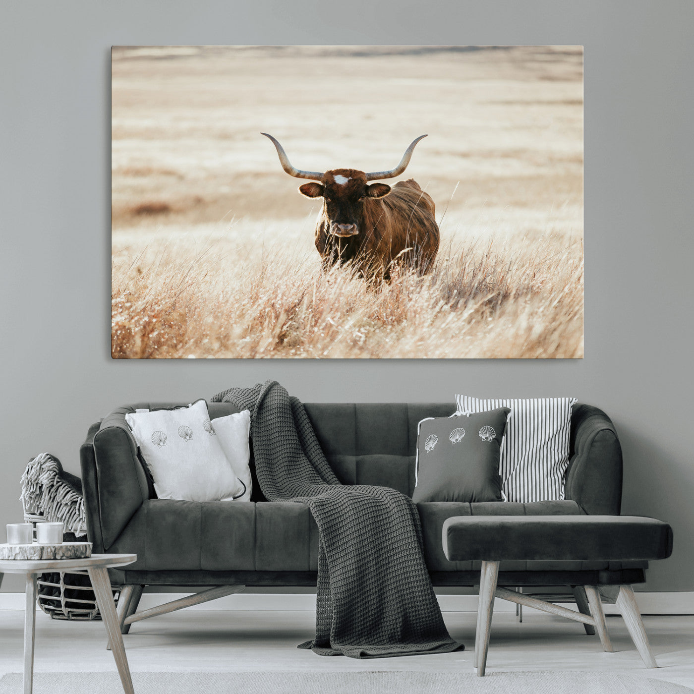-Texas Longhorn Wall Art Canvas Print, Framed Brown Cattle Art Picture Print, Horned Bull Perfect Rustic Western Decor Artwork