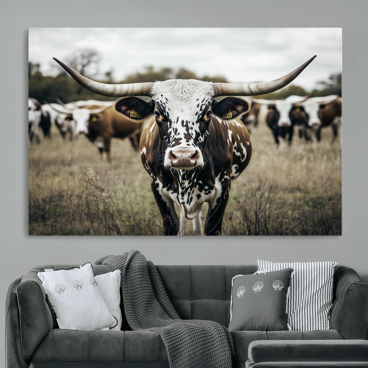 MGV-CV-36X24 - Majestic Longhorn Cow Wall Art – Canvas Print of Intricate Fur & Sharp Horns Earthy Tones Serene Landscape, Rustic Charm Decor for Living Room, Office or Bedroom