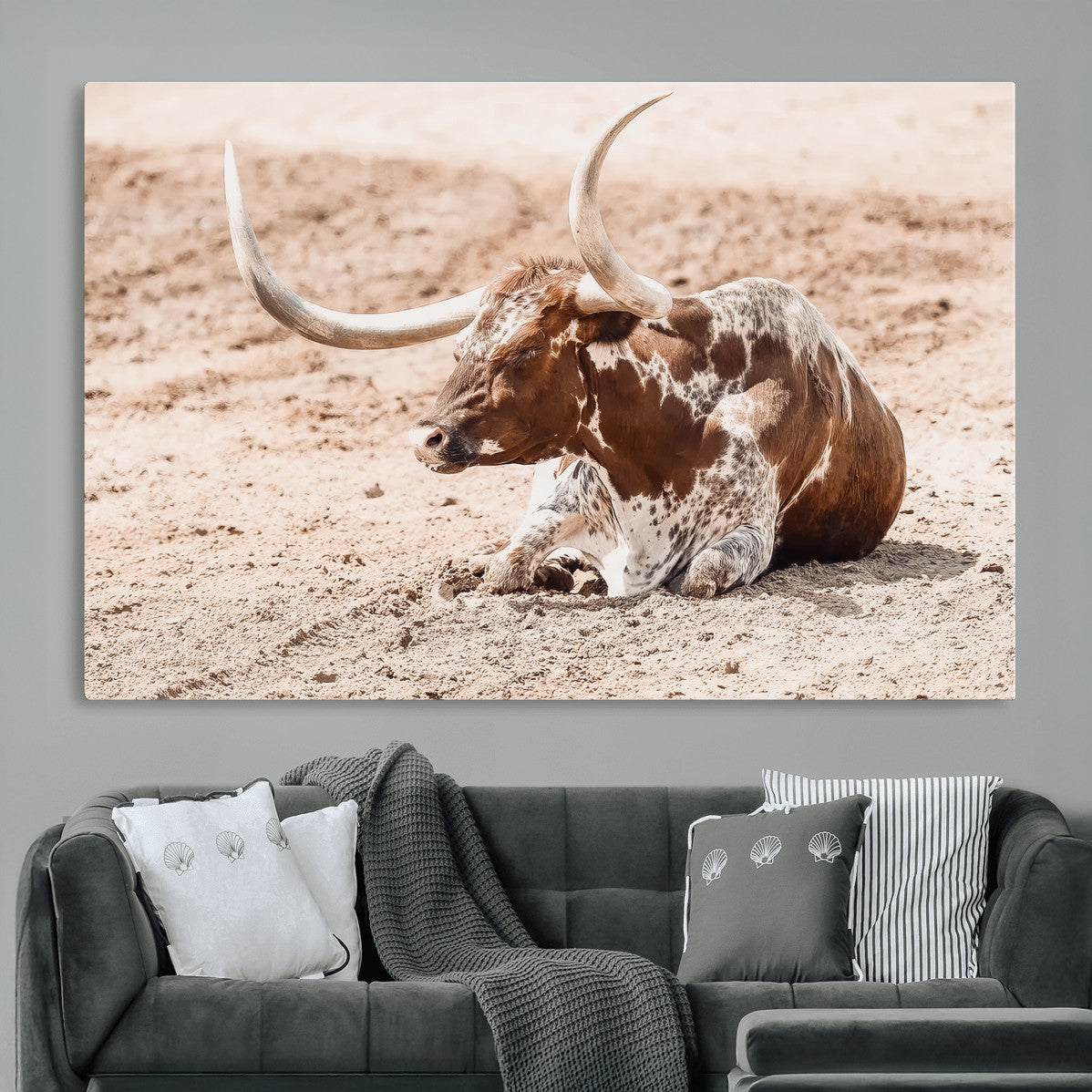 91248682-MGV-CV-36X24-Texas Longhorn Wall Art Canvas Print – Framed Resting Bull Scene with Spotted Cattle Artwork for Home, Office