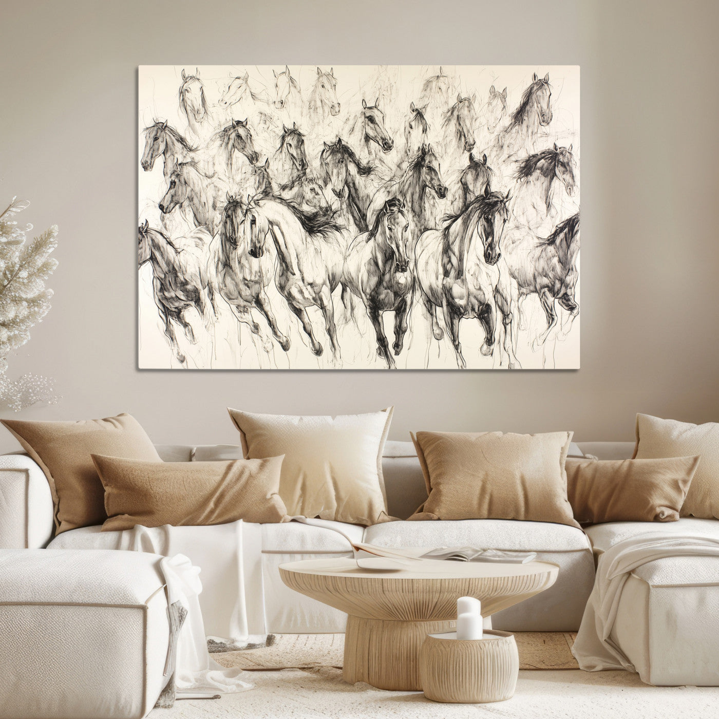 19433417-MGV-CV-36X24-Running Horses Wall Art Canvas Print – Framed Galloping Herd Dynamic Equestrian Sketch Nature Artwork for Home Office