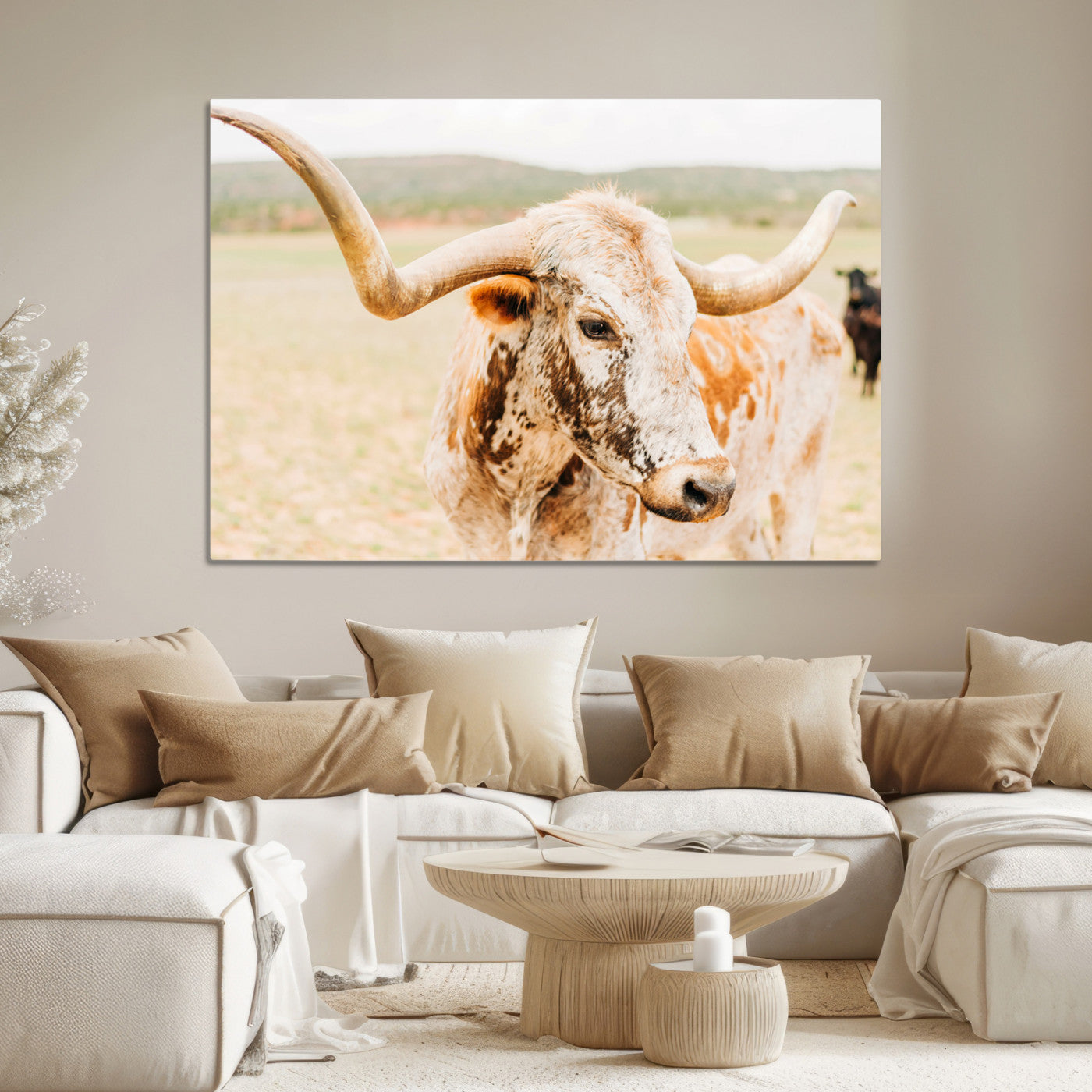 21060648-MGV-CV-36X24-Texas Longhorn Wall Art Canvas Print – Framed Speckled Cow Rustic Bull Western Farmhouse Animal Artwork for Home Office