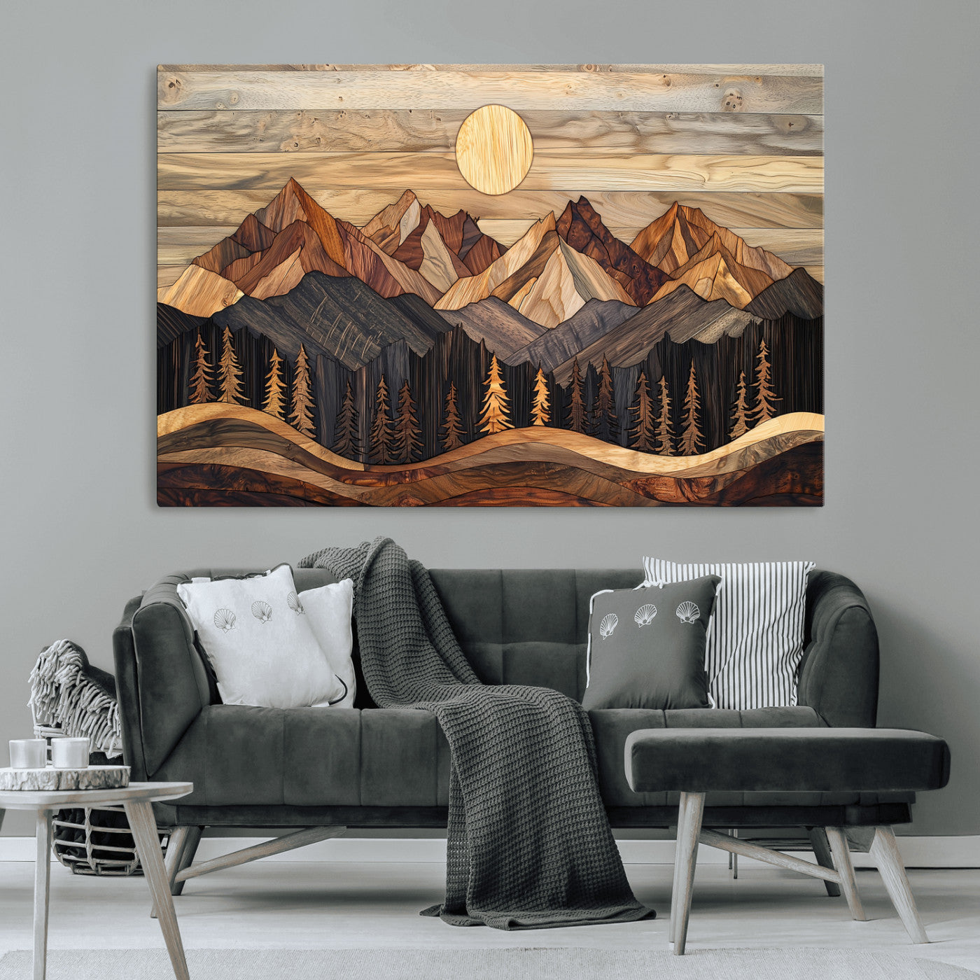 50100230-MGV-CV-36X24-Wood Mountain Wall Art Canvas Print – Framed Boho Abstract Woodland Rustic Farmhouse Geometric Artwork for Home Office